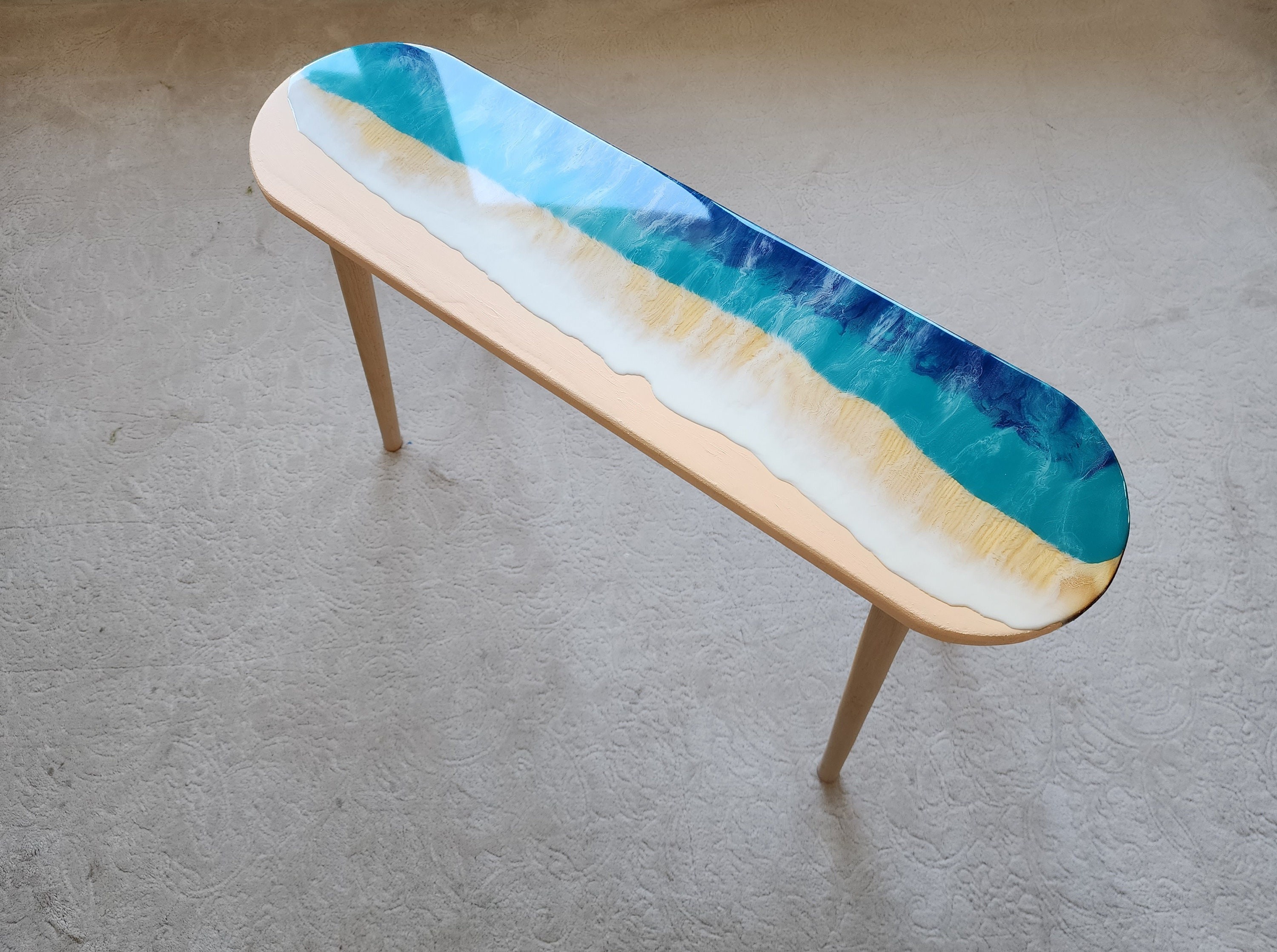 Oval Epoxy Resin Ocean Waves Side Coffee Table,  Natural Beach House Decor Blue Coastal Nautical Sea Themed Entryway Bedside Bedroom Table