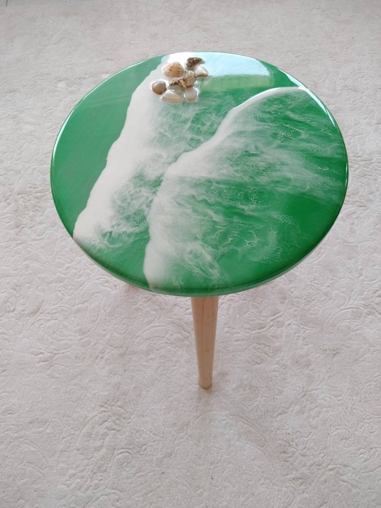 Round Small Resin Ocean Wave Coffee Table, Green Modern Wooden Side Sofa End Unique Coffee Table, Shells,Living Room, Bedroom Bedside Table