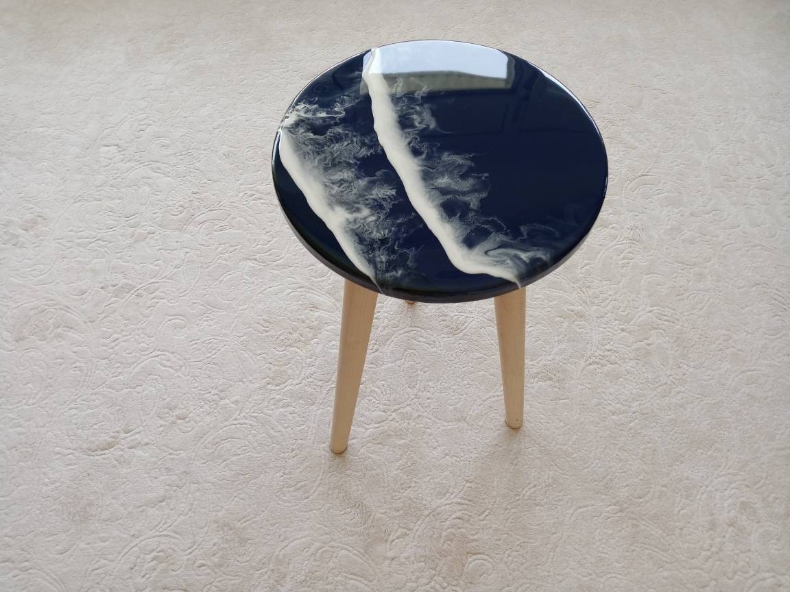 Round Ocean Wave Natural Resin Side Coffee Table,Beach Art Design Modern Small Wooden Sofa End Unique Living Room,Bedroom Bedside Cute Table