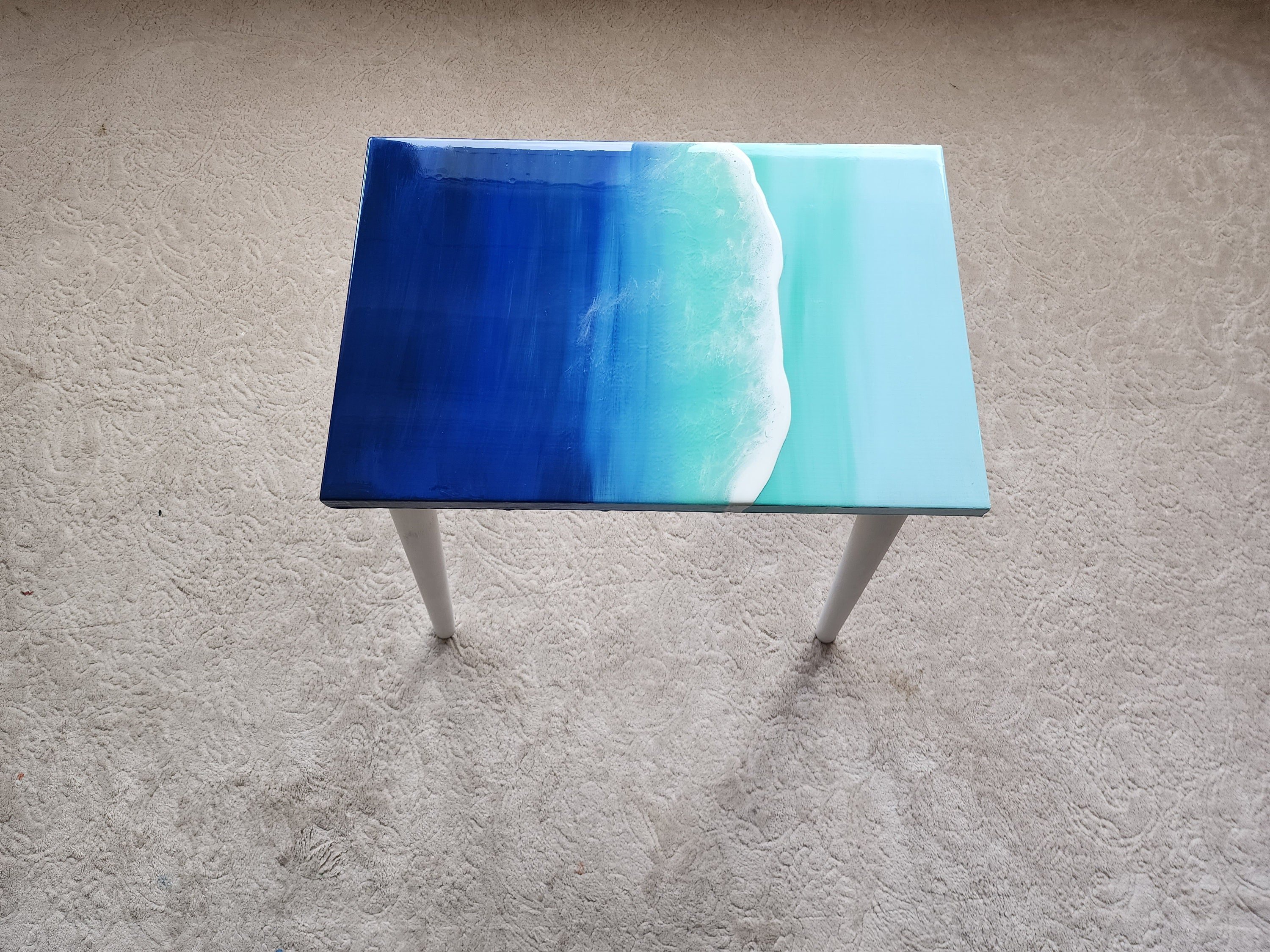 Beach Themed Epoxy Resin Ocean Wave Side Coffee Table, Coastal Blue Natural Sea Table,Unique Groovy Sofa End Table,Modern Painted Legs Table