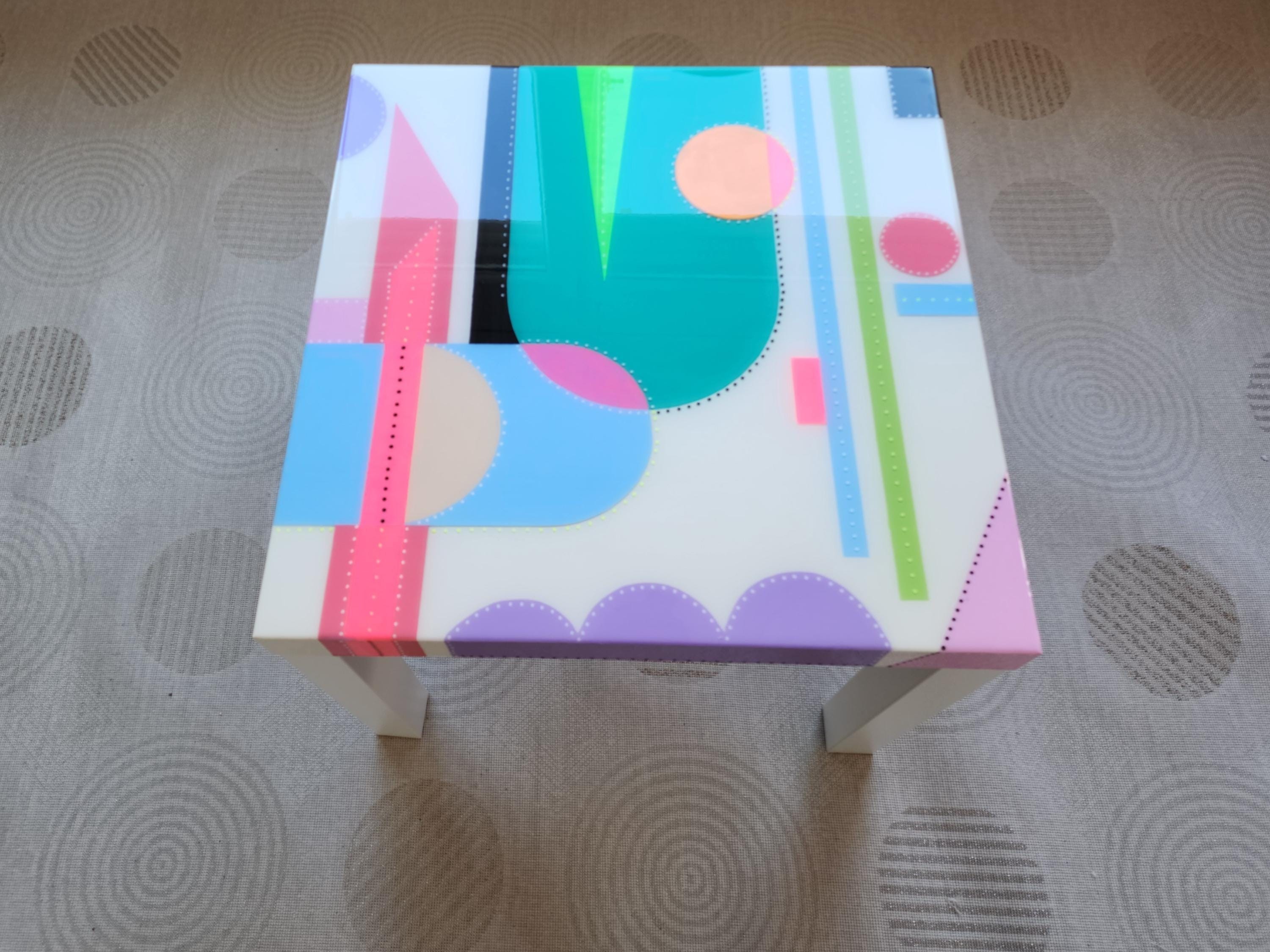 Square Colorful Funky Abstract Boho Resin Table,White Green Groovy Vibrant Wood Rainbow Retro Hippi End Side Cool Luxury Center Coffee Table