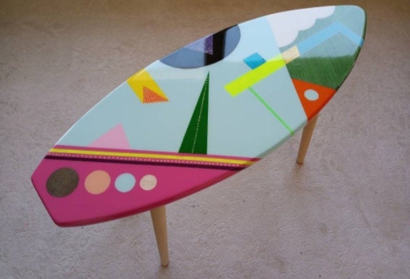 Colorful Abstract Vibrant Rainbow Resin Surfboard Table, Blue Stylish Marine Beach House Decor,Side End Pop Art Funky Cool Epoxy Cute Table