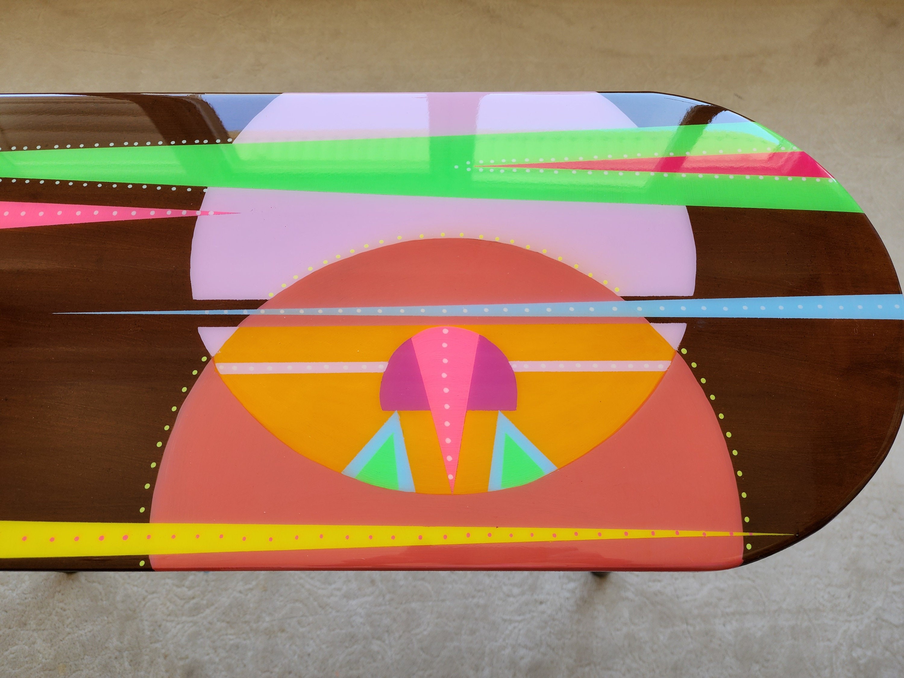 Oval Handmade Funky Colorful Resin Side Coffee Table,Wooden Retro Vintage Abstract Painted Pop Art Living Room Cool Pink Brown Unusual Table