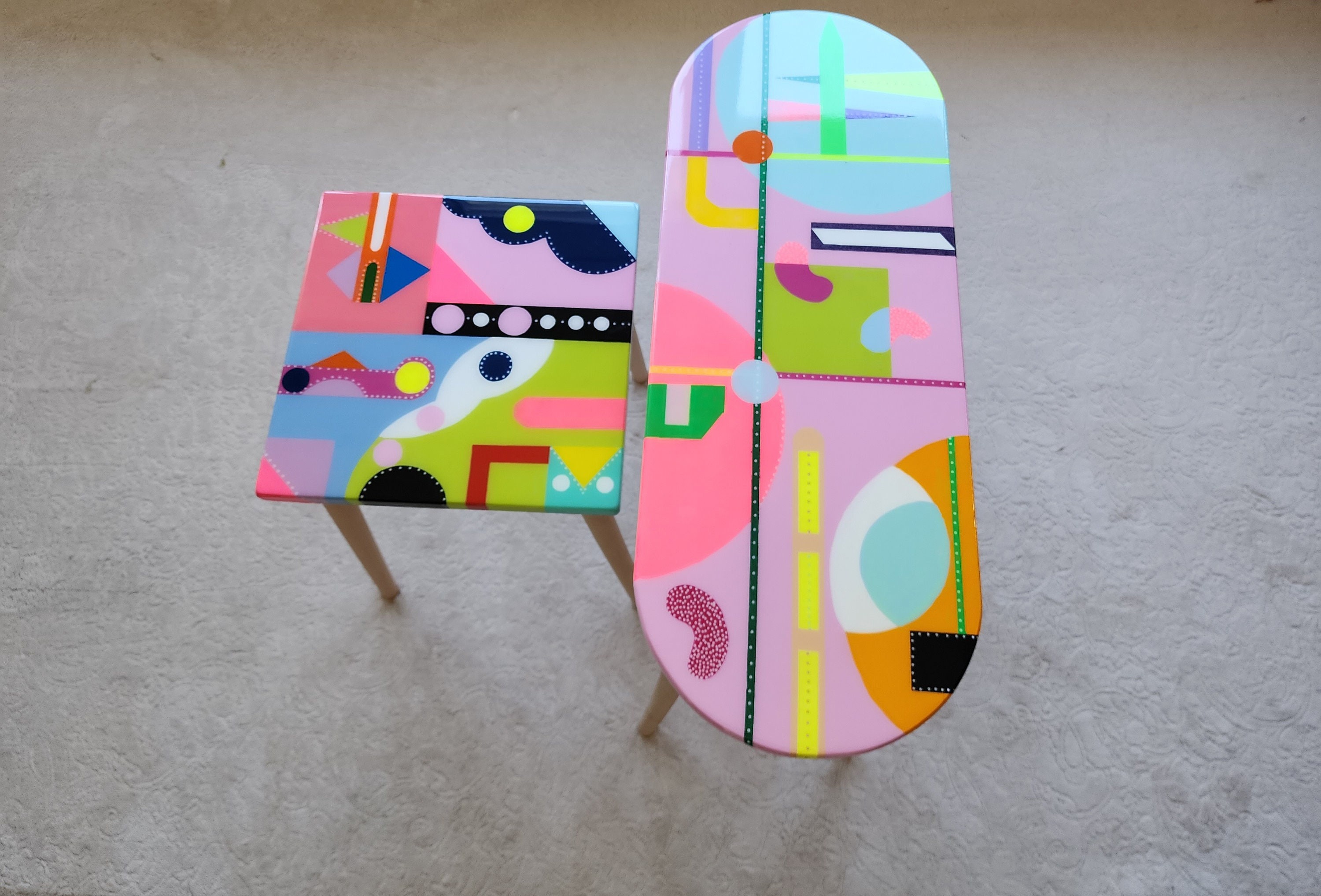 Mid Century Modern Pink Resin Narrow Coffee Tables, Colorful Abstract Vibrant Funky Eclectic Cool Retro Painted Epoxy Side End Pop Art Table