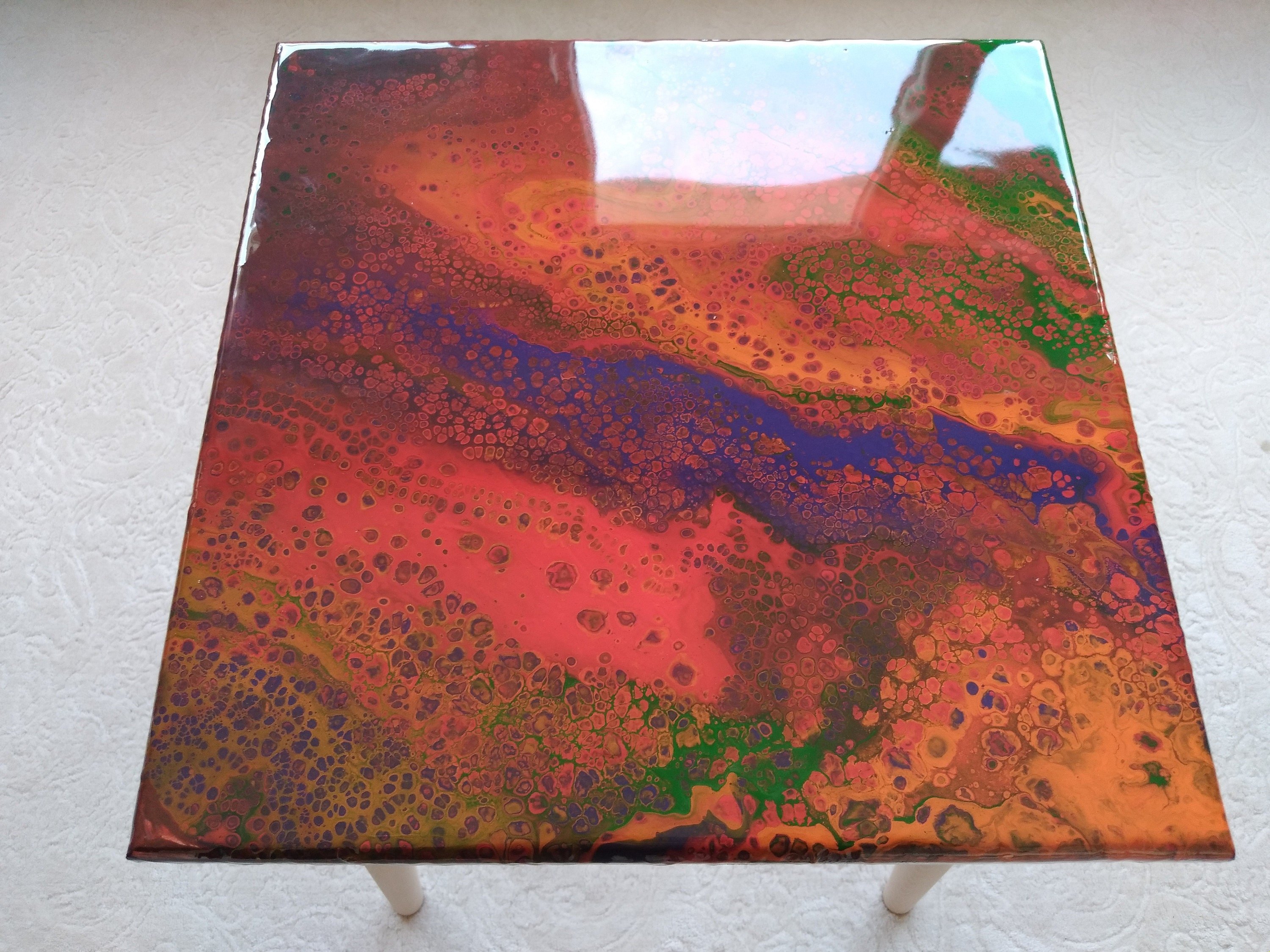 Small Boho Resin Wood Side Coffee Table, Modern Square Wooden Red Blue Unique End Low Sofa Bedside Bedroom Abstract Epoxy Art Coffee Table