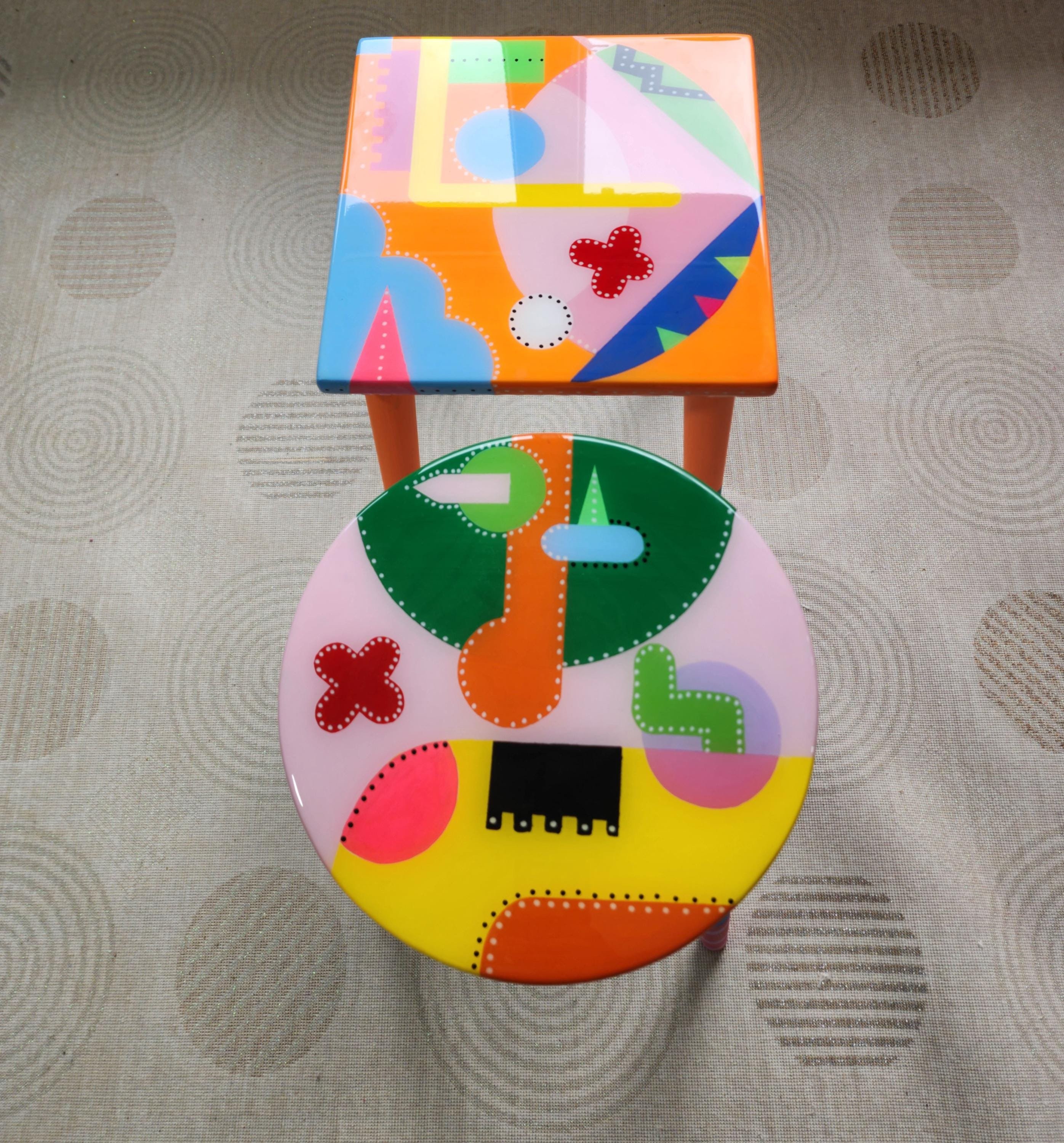 Colorful Funky Abstract Cool Furniture,Resin Side Coffee Tables Wooden Modern Pink Orange Acrylic Painted Quirky Bedside Cute Art Nightstand
