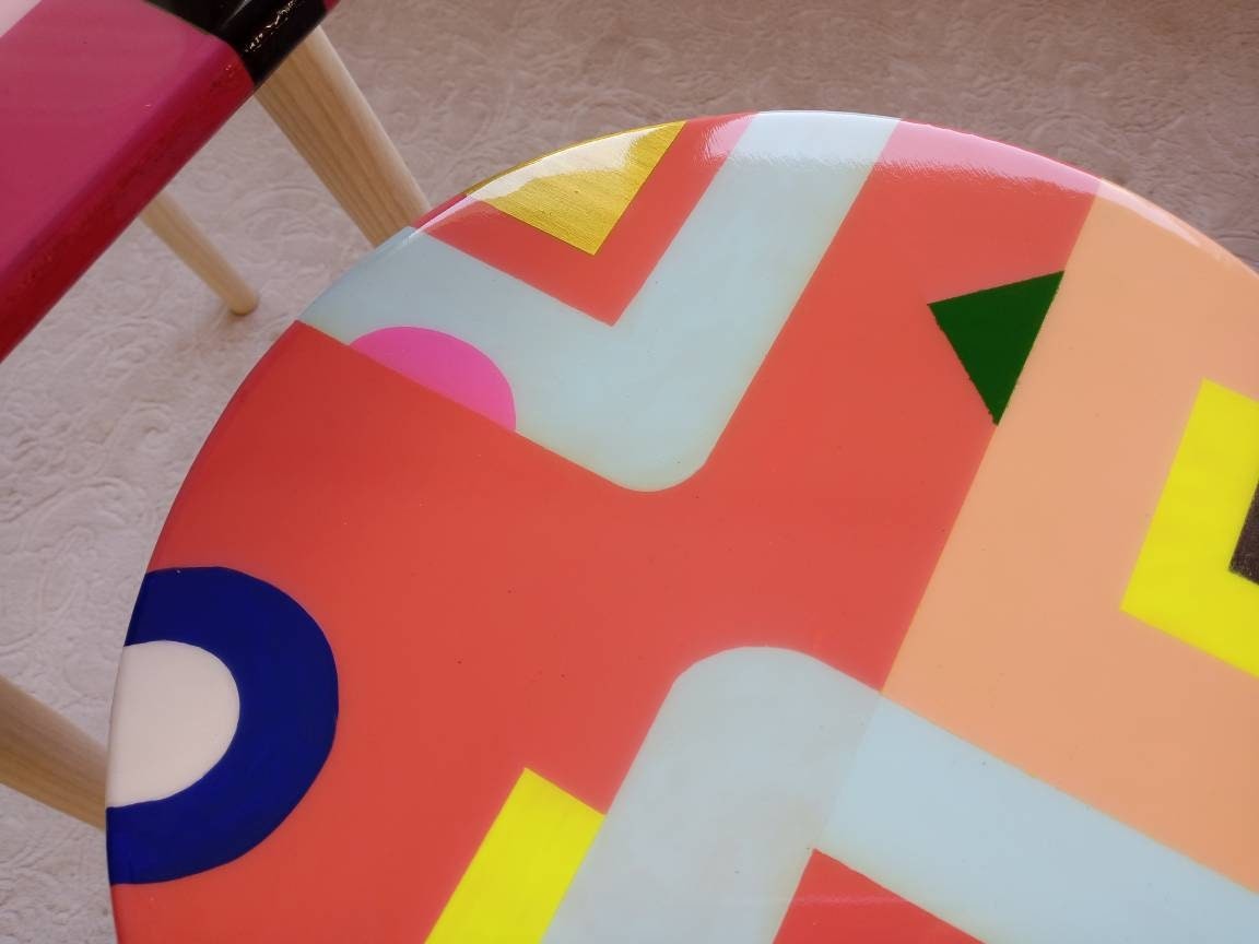 Colorful Wooden Resin Funky Boho Side Coffee Tables,Unique Pink Orange Bedside Modern Sofa End Epoxy Art Tables,Round Square Abstract Table