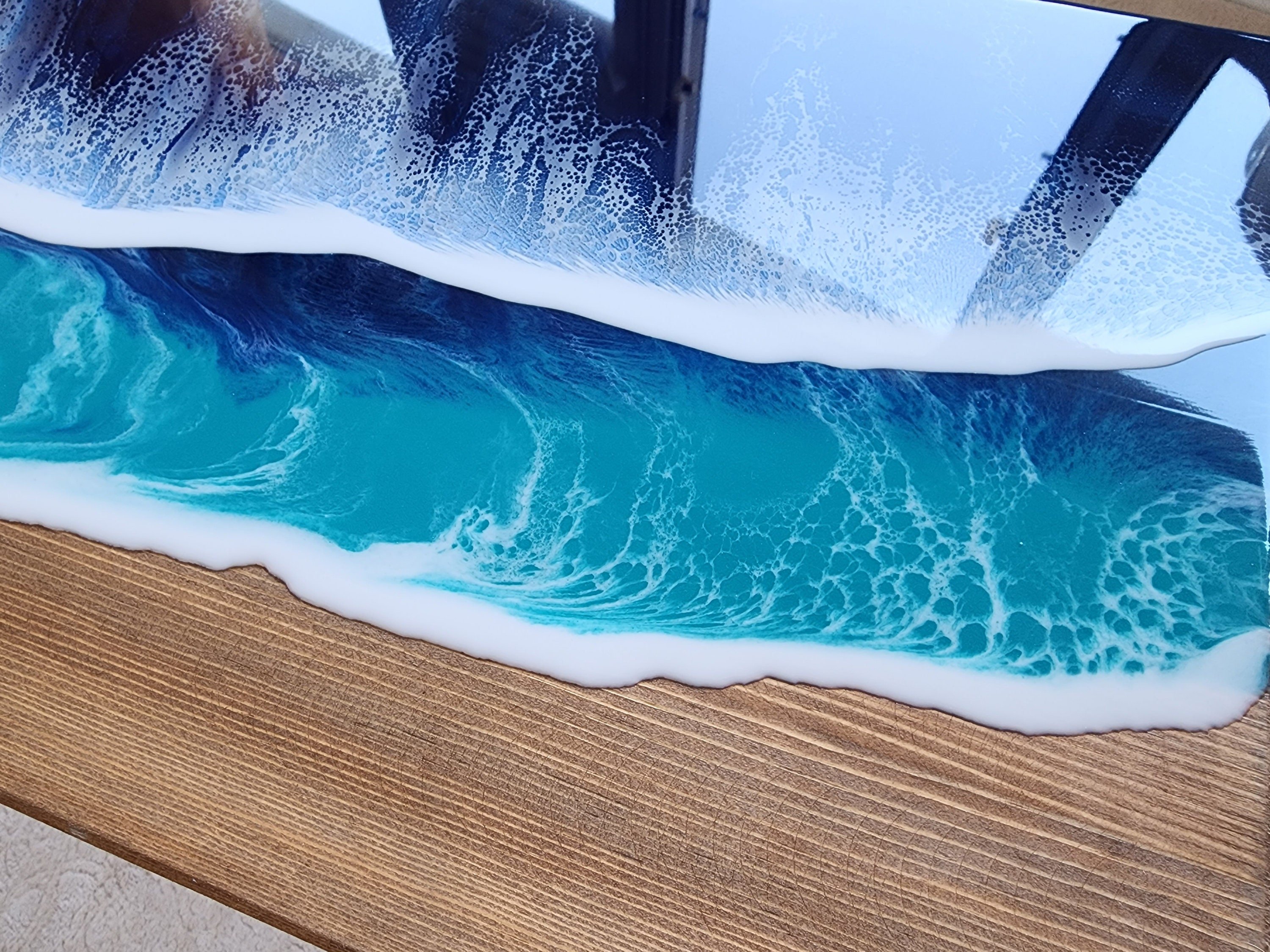 Natural Ocean Wave Blue Resin Beach Side Table, Wooden Sea Themed Living Room Bedroom Entryway Nautical Cool End Sofa Epoxy Art Coffee Table