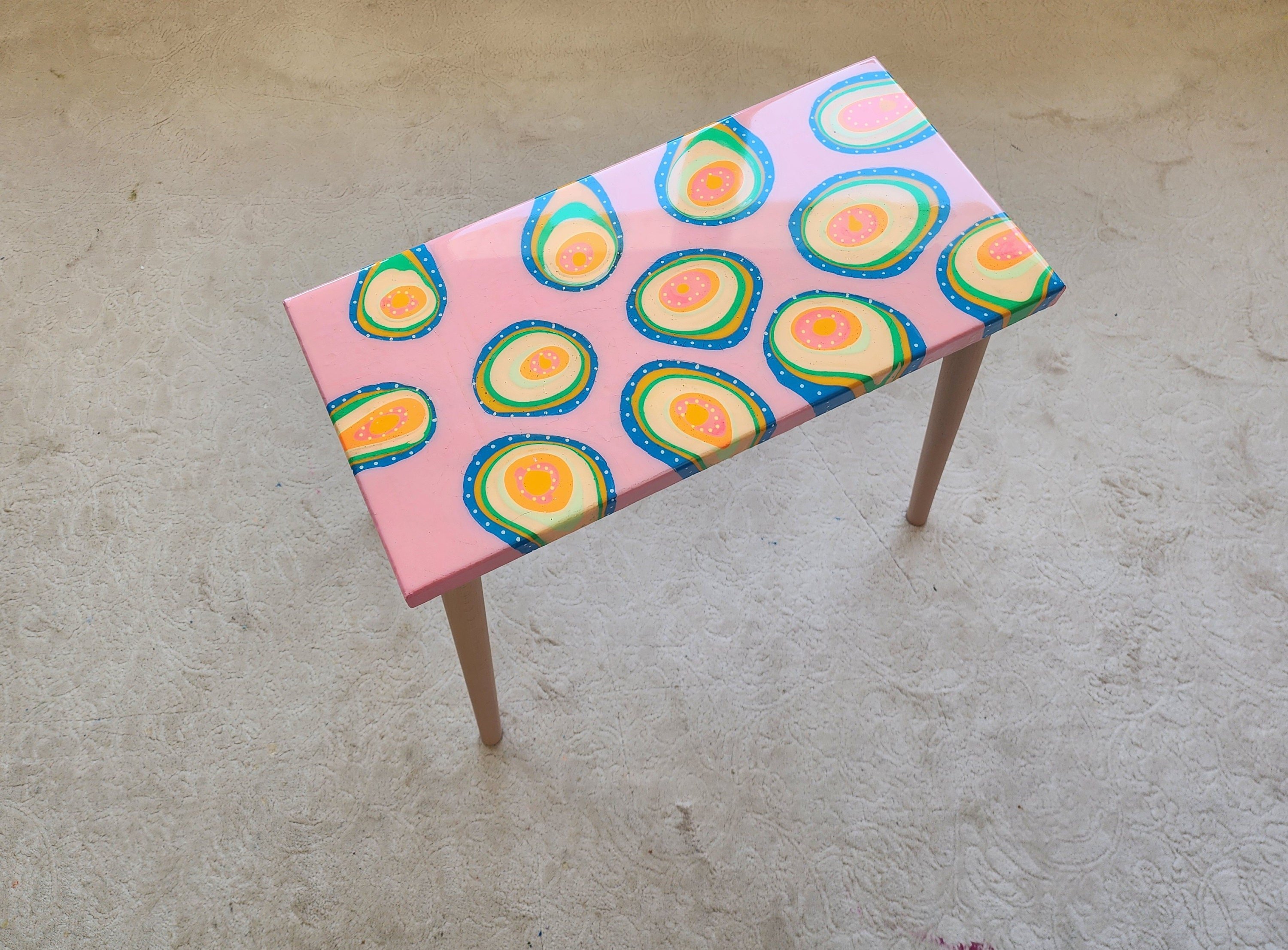 Unusual Pink Funky Colorful Side Narrow Resin Coffee Table, Maximalist Eclectic Abstract Cool Neon Painted Leg Epoxy Cute Boho Pop Art Table