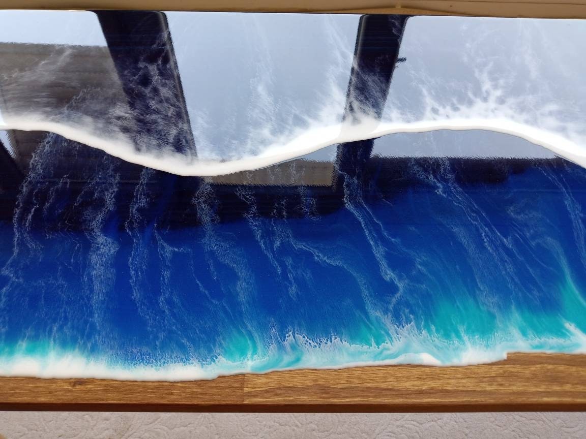 Wooden Natural Ocean Wave Resin Side Table,Blue Beach Themed Living Room Bedroom Entryway Nautical Cool Epoxy End Sofa Sea Art Coffee Table