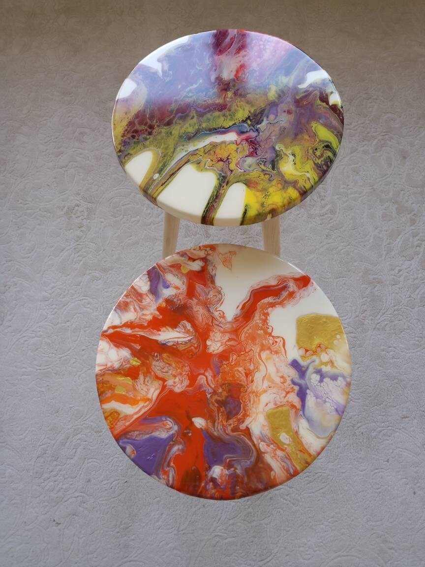 Round Small Abstract Colorful Resin Side Coffee Tables, Unique Cool Boho Bedside Living Room Entryway Wooden Center End Sofa Art Tables