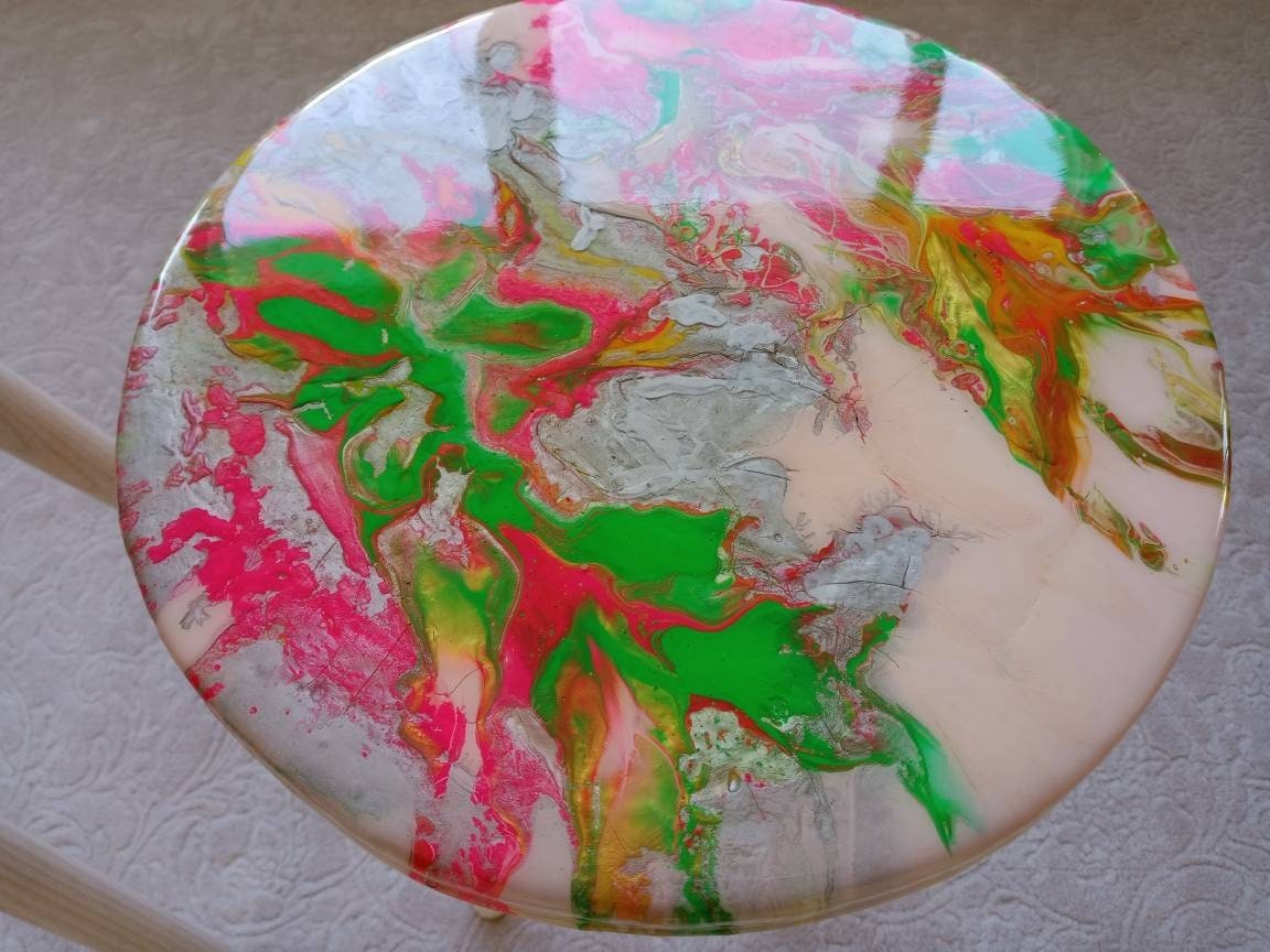 Round Abstract Pink Green Epoxy Resin Side Coffee Tables