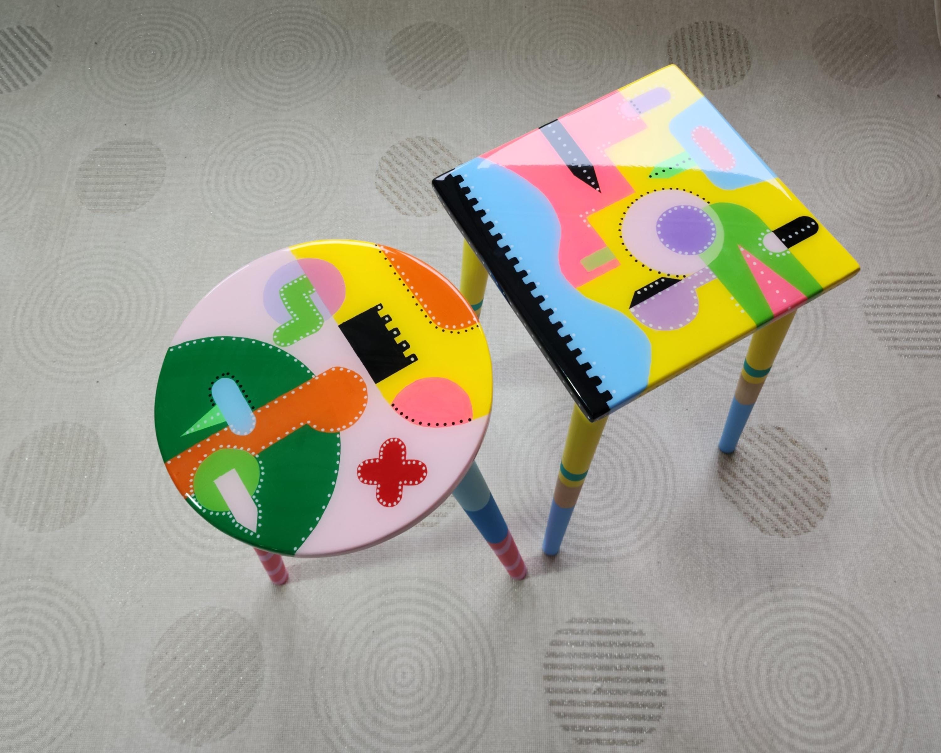 Colorful Painted Funky Abstract Cool Resin Side Coffee Tables,Wooden Modern Pink Orange Acrylic Quirky Bedside Furniture Cute Art Nightstand