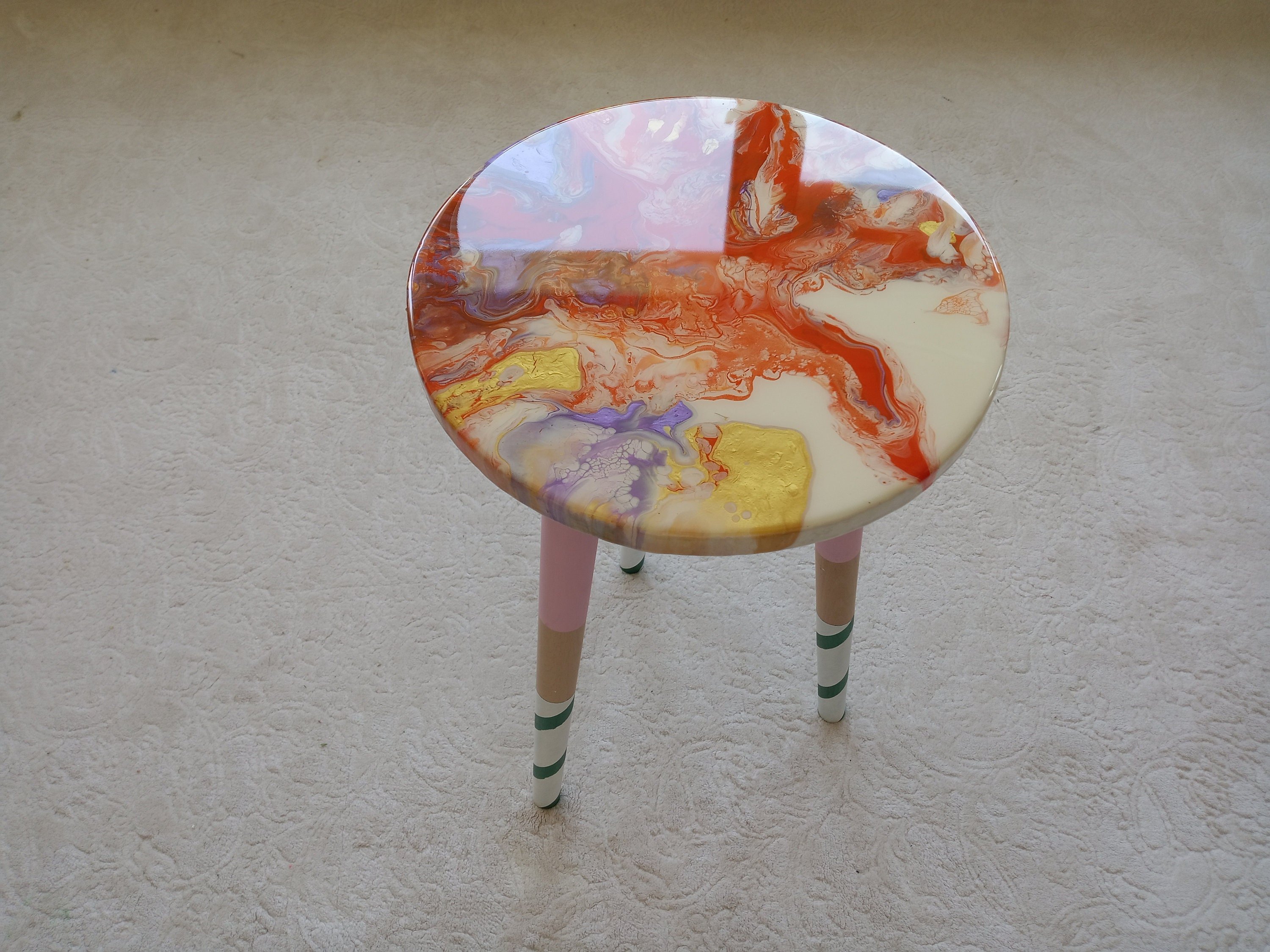Colorful Abstract Vibrant Wooden Resin Side Coffee Table, Unique Acrylic  Painted Orange Eclectic Cute Epoxy End Boho Cool Small Art Table