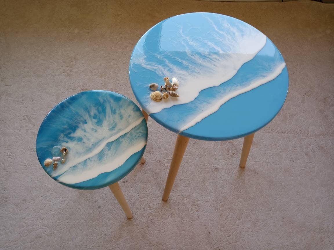 Round Ocean Wave Resin Side Coffee Tables, Unique Wooden Bedside Living Sofa End Natural Center Beach Themed Sea Art Seashells Coffee Table