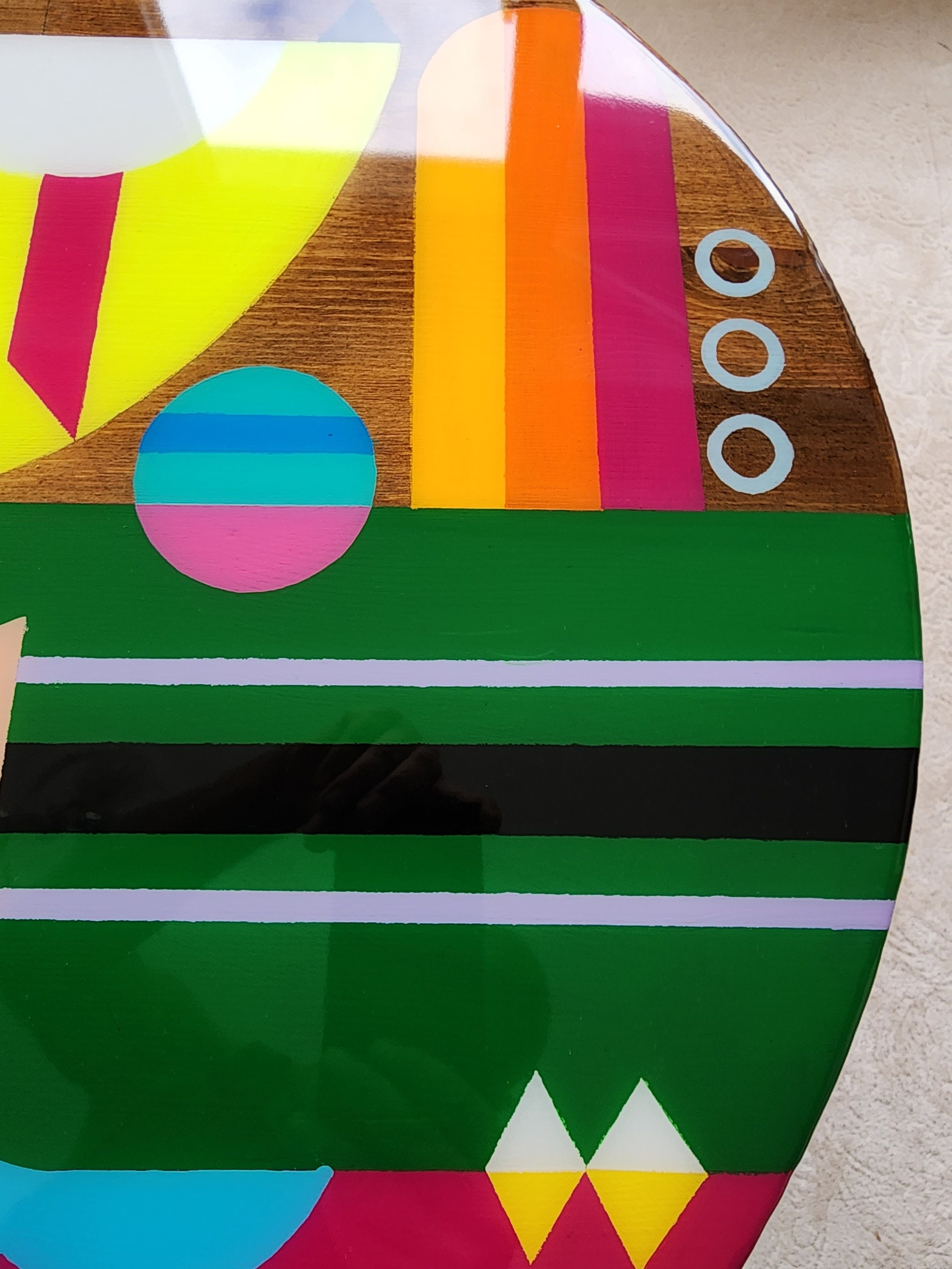 Wooden Resin Boho Side Funky Coffee Table, Modern Handmade Cool Bedside Living Room Entryway End Sofa Middle Colorful Abstract Small Table