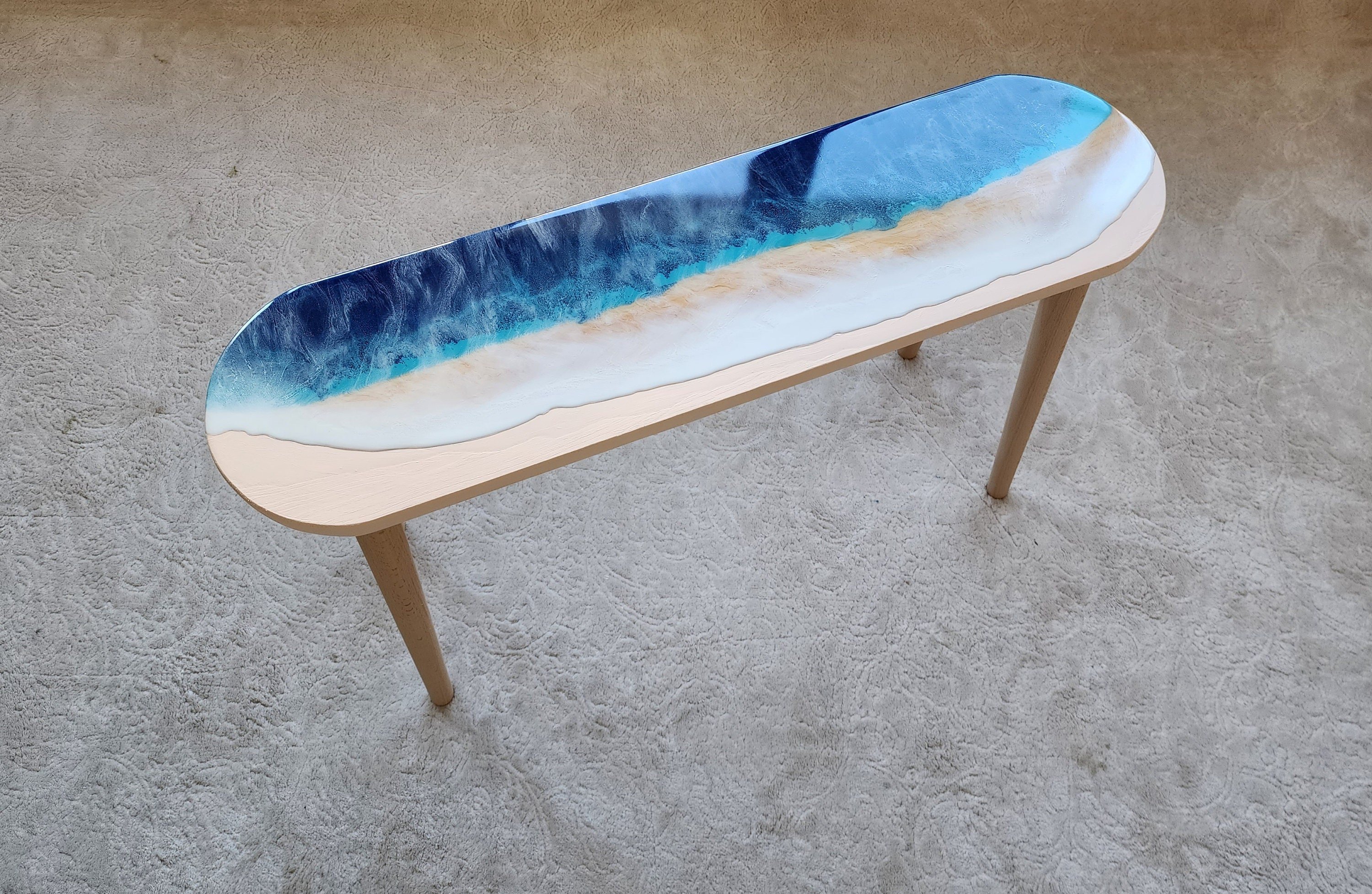 Natural Oval Epoxy Resin Ocean Wave Side Coffee Table, Beach House Decor Blue Coastal Nautical Sea Themed Entryway Bedside Bedroom End Table