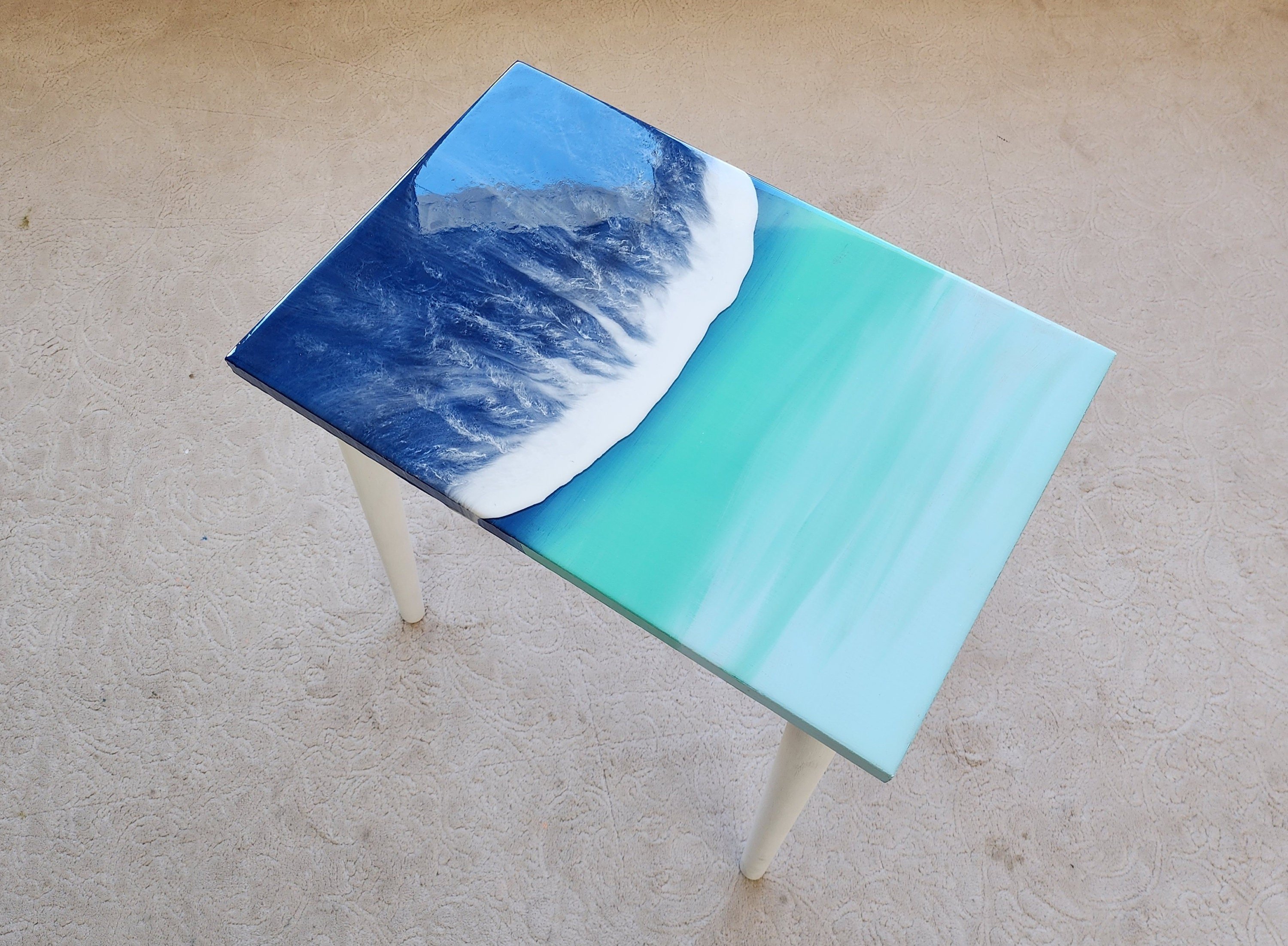 Small Natural Epoxy Resin Coastal Beach Side Coffee Table, Unique Cool Nautical Bedside Bedroom Entryway Sea House Decor Blue End  Table