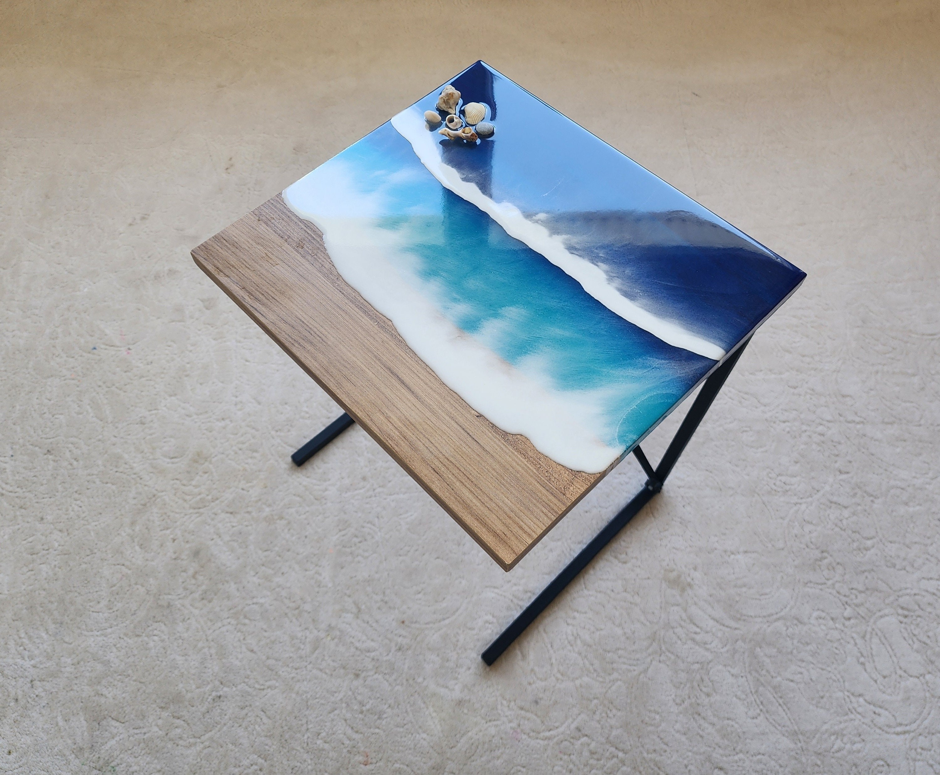 Small C Shape Ocean Wave Epoxy Resin Couch Table, Modern Nautical Sofa Side Sea End Table, Coastal Seashell Beach Snack Art Coffee Table