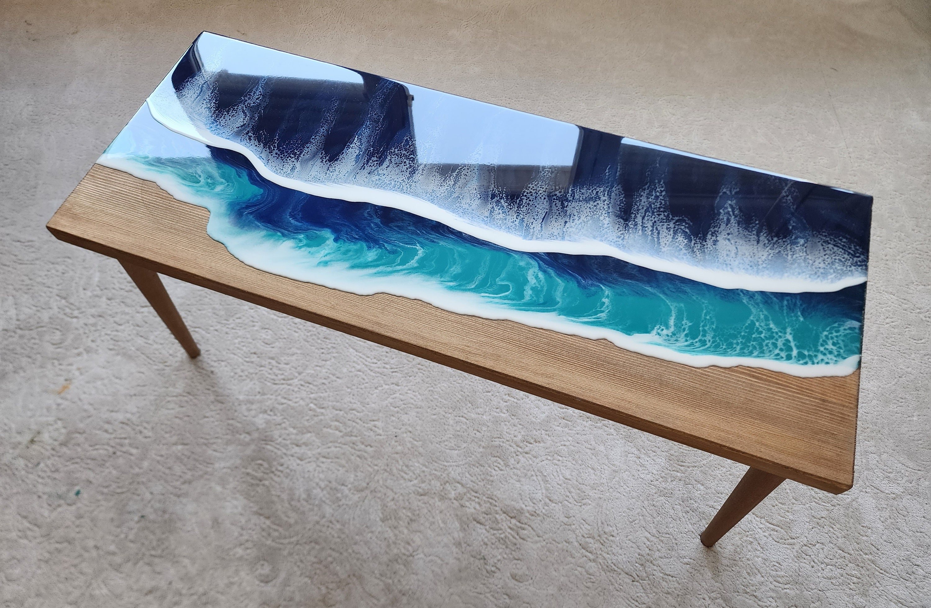 Natural Ocean Wave Blue Resin Beach Side Table, Wooden Sea Themed Living Room Bedroom Entryway Nautical Cool End Sofa Epoxy Art Coffee Table