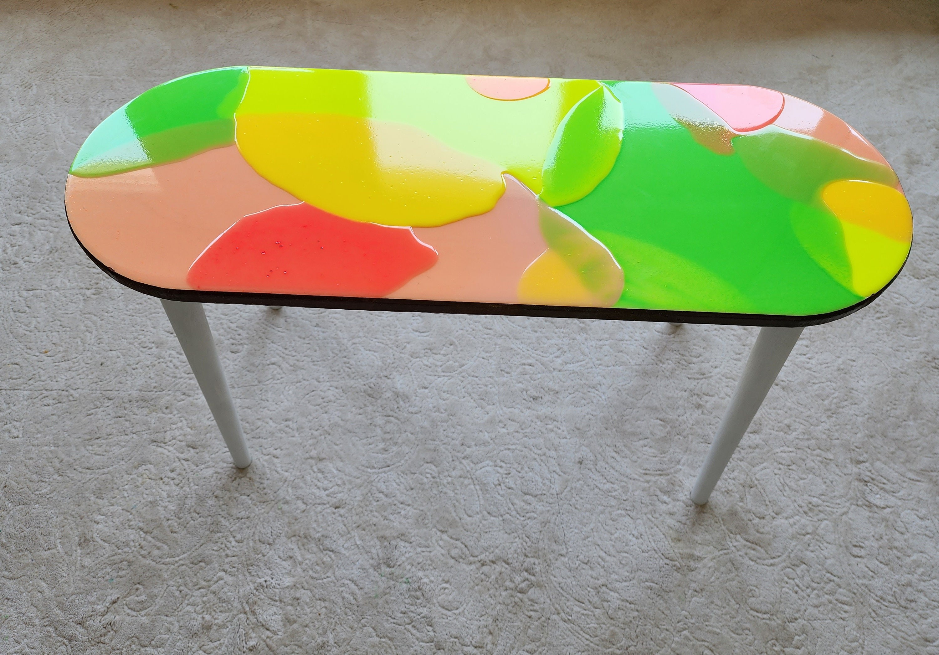 Oval Wooden Pink Epoxy Resin Cool 3D Neon Art Side Coffee Table