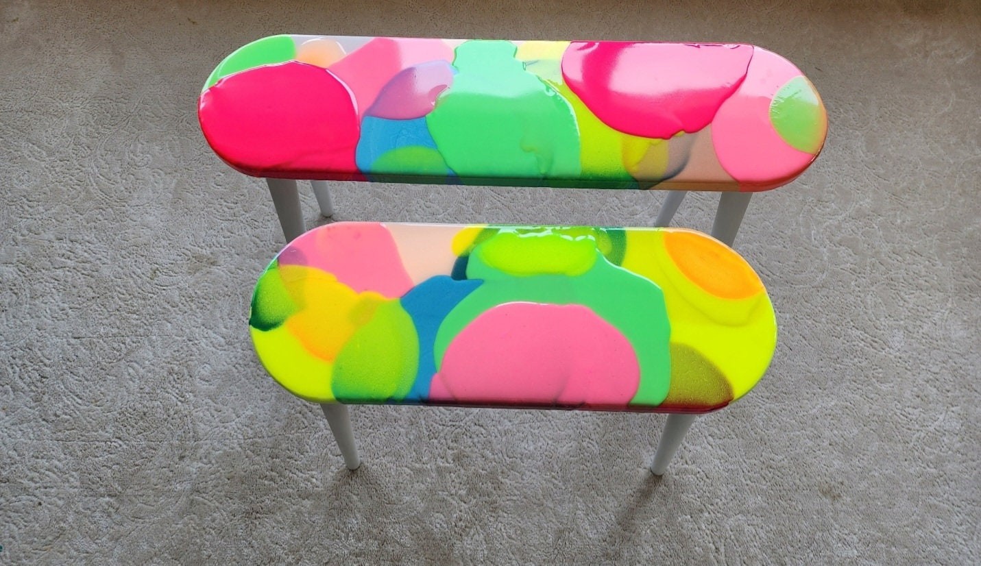 Oval Pink Funky Neon Painted 3D Abstract Resin Coffee Tables, Maximalist Eclectic  Cool Colorful Epoxy Nesting Cute Unusual Side Art Tables