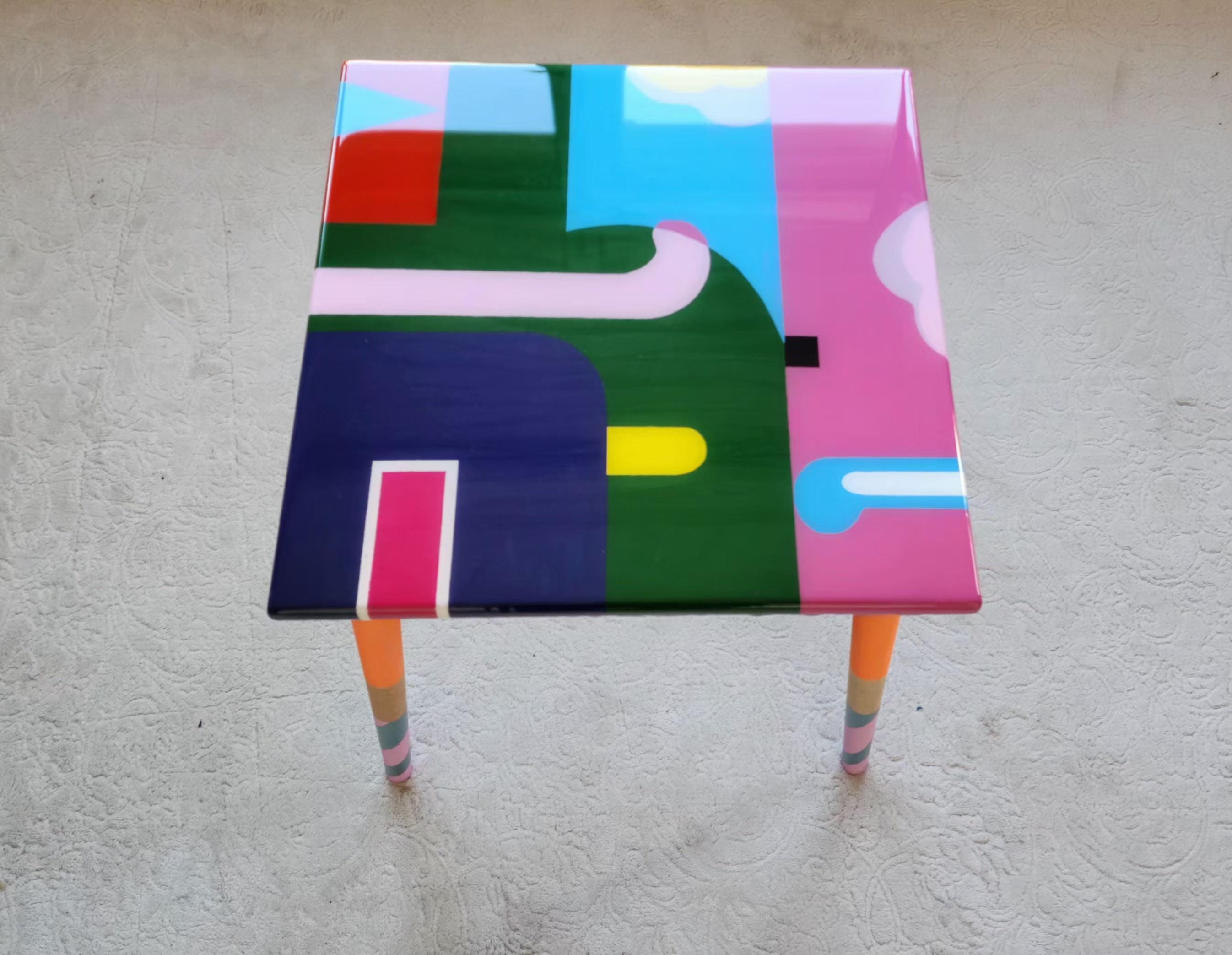 Handmade Colorful Abstract Resin Side Funky Coffee Tables, Modern Cool Bedside Living Room Entryway End Sofa Middle Wooden Epoxy Boho Tables