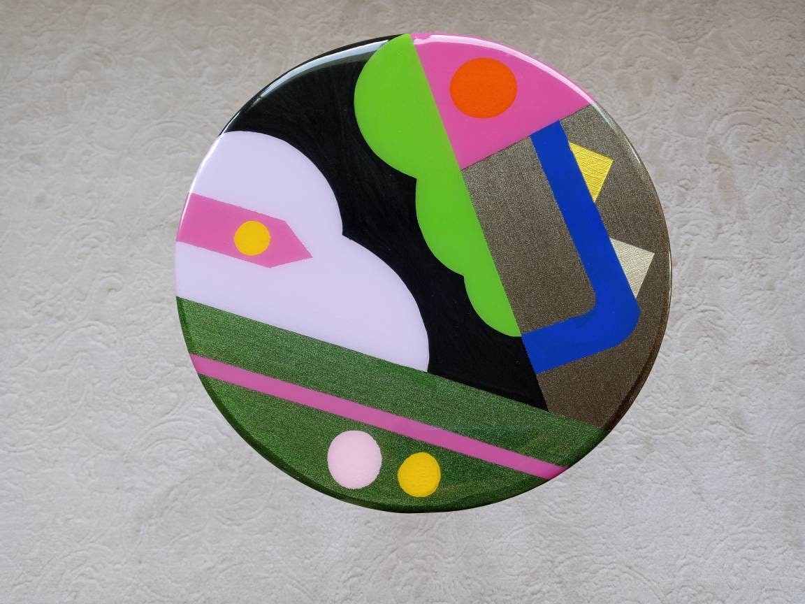 Round Small Unique Resin Side Coffee Table, Colorful Modern Wooden Black End Sofa Bedside Bedroom Living Room Abstract Art Cool Epoxy Table