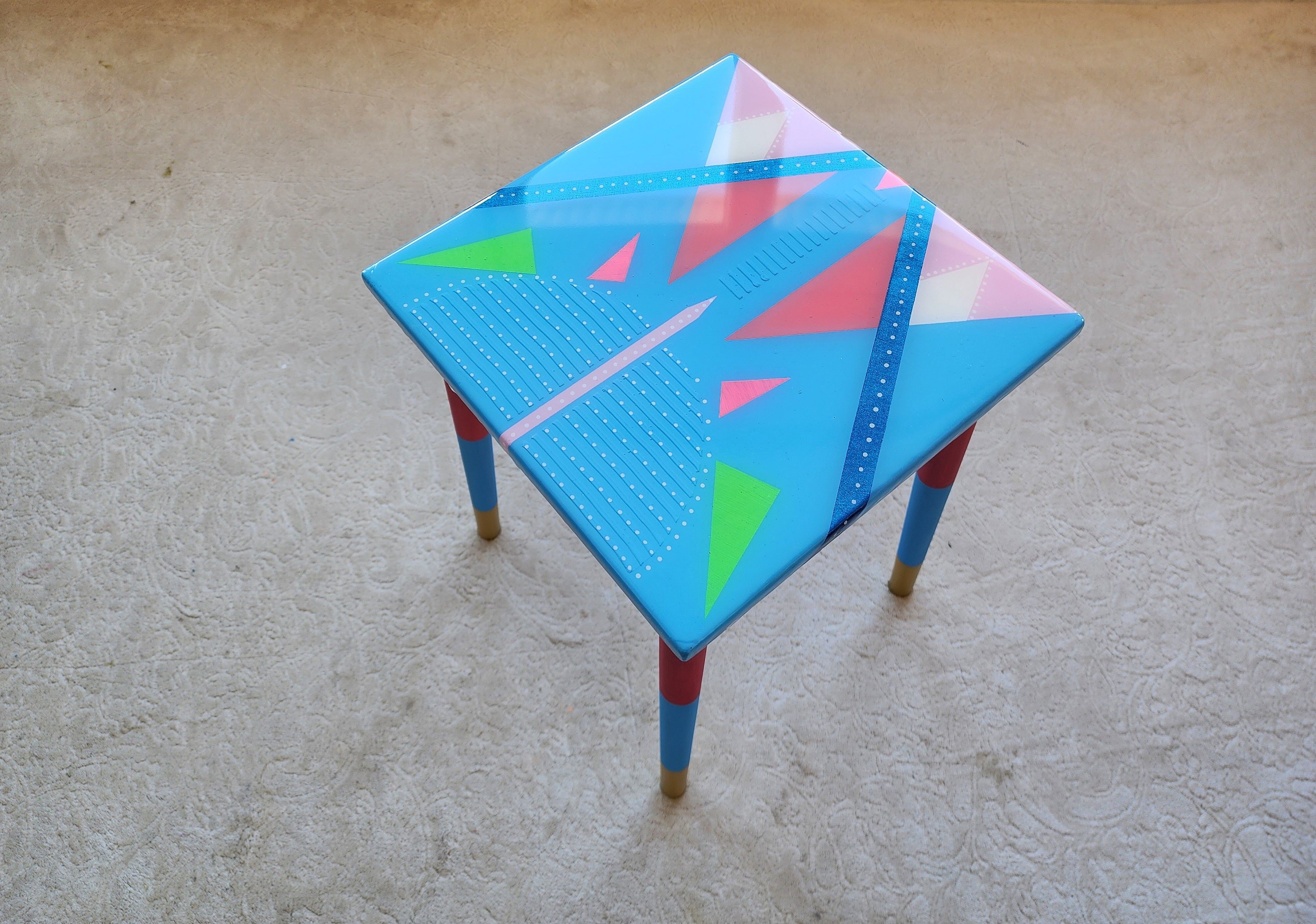 Small Wooden Abstract Resin Cool Side Coffee Table,Blue Modern Bedside Living Room Entryway End Colorful Handmade Funky Boho Epoxy Art Table