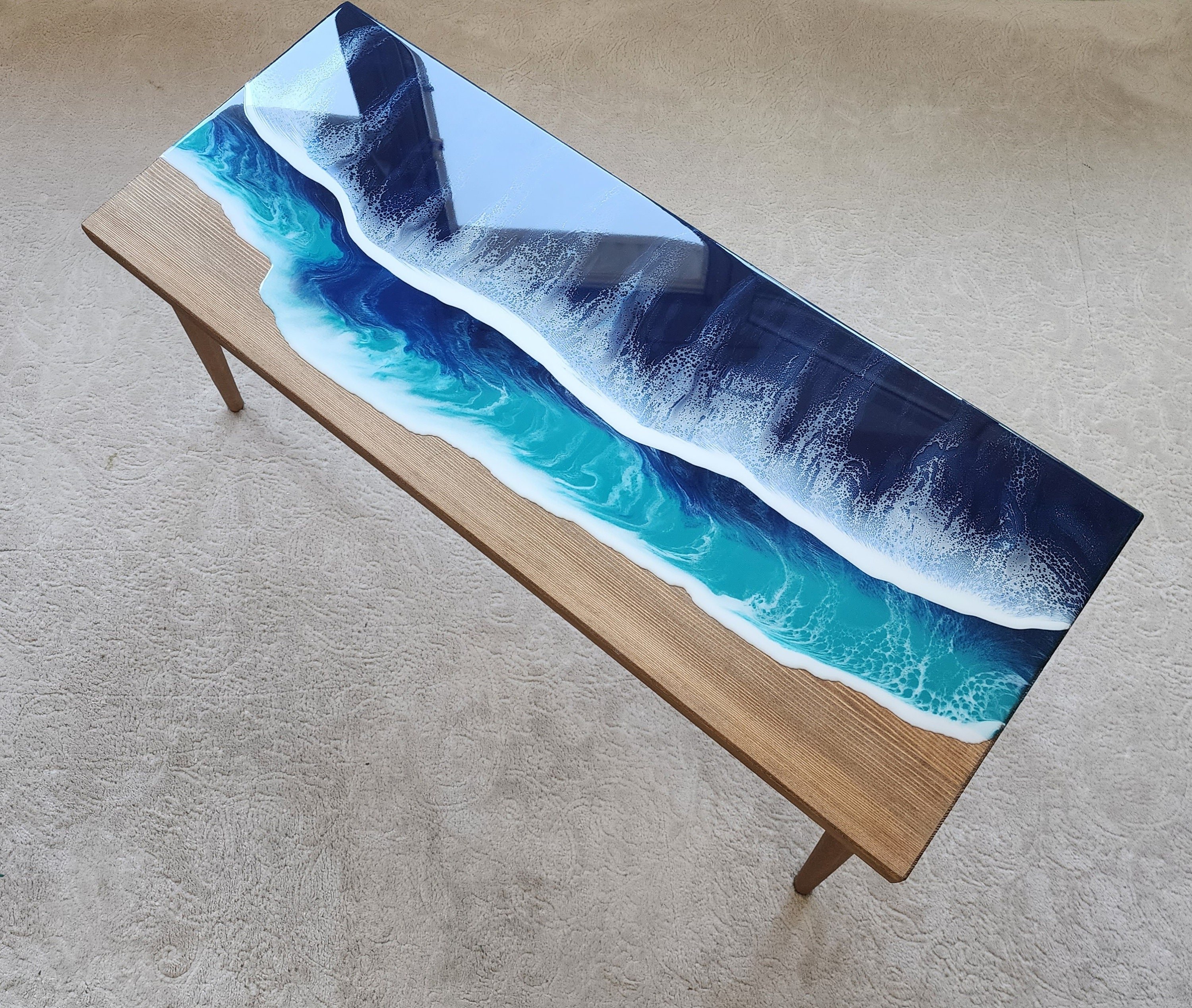 Natural Ocean Wave Blue Resin Beach Side Table, Wooden Sea Themed Living Room Bedroom Entryway Nautical Cool End Sofa Epoxy Art Coffee Table