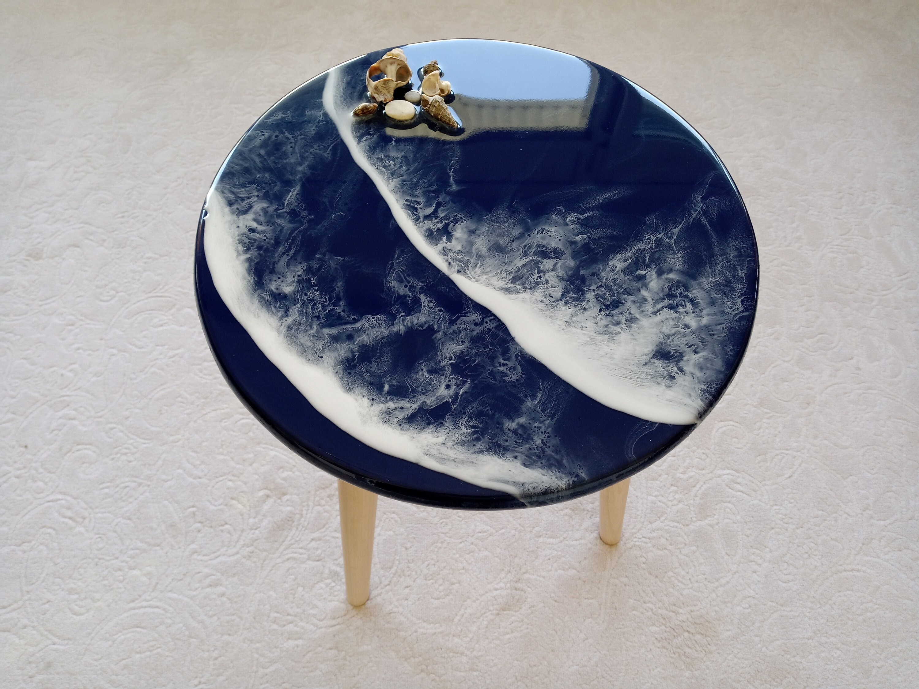 Dark Blue Ocean Wave Resin Side Coffee Table, Round Small Unique Beach House Decor,Living Room Bedside Natural Coastal Cool End Art Table