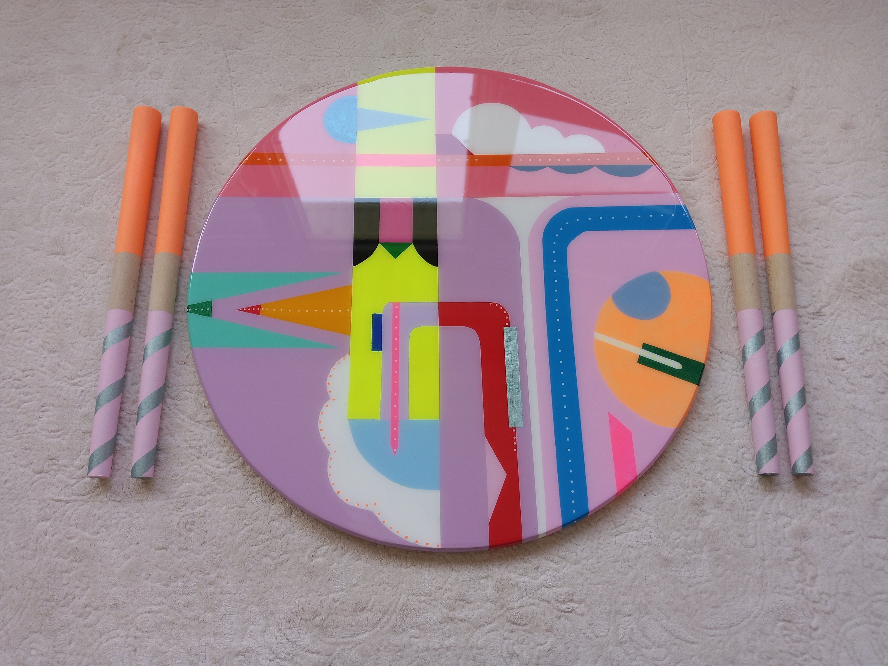 Round Colorful Funky Abstract Boho Resin Table,Pink Purple Groovy Vibrant Wood Rainbow Retro Hippi End Side Cool Luxury Center Coffee Table