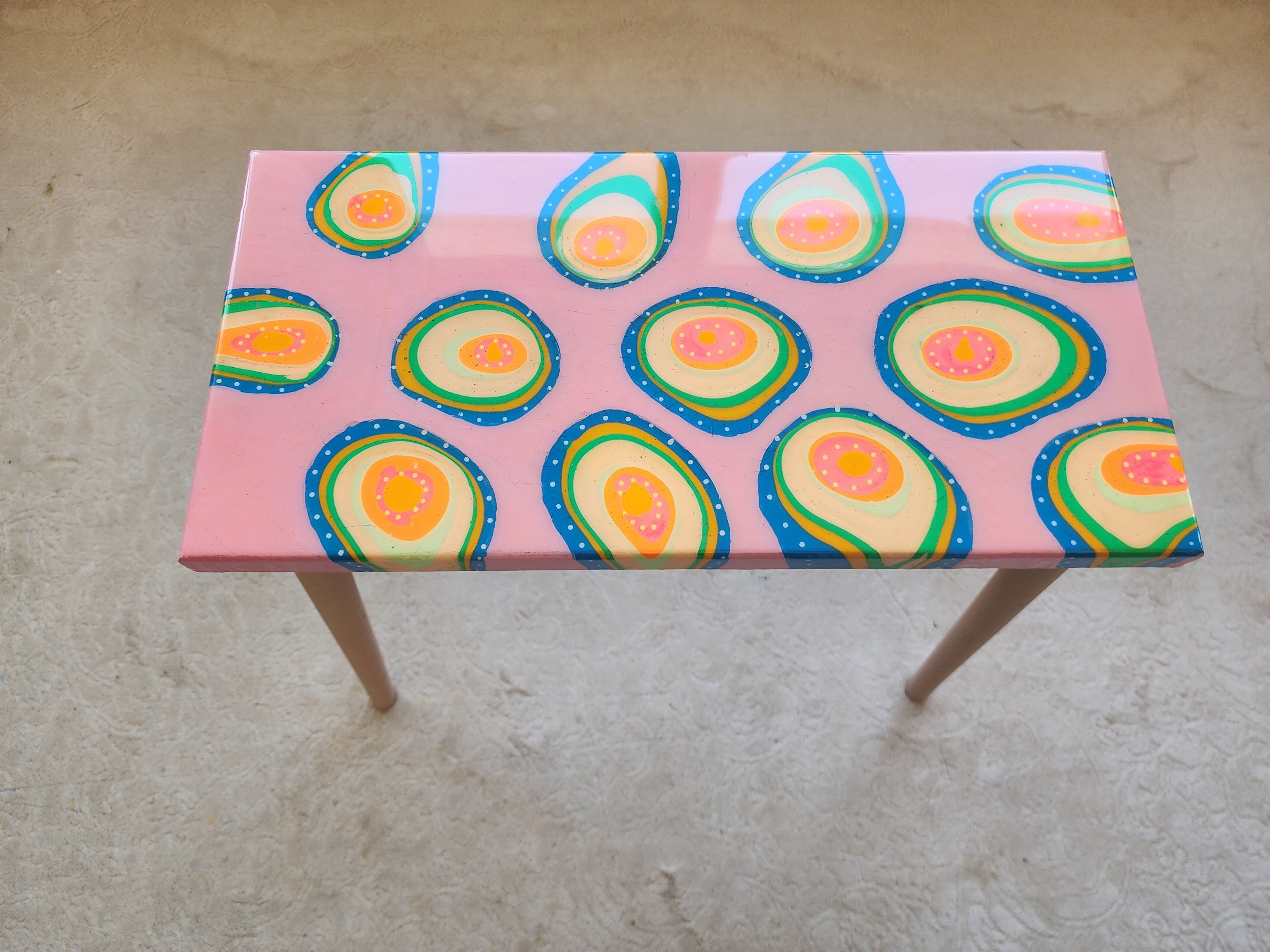 Unusual Pink Funky Colorful Side Narrow Resin Coffee Table, Maximalist Eclectic Abstract Cool Neon Painted Leg Epoxy Cute Boho Pop Art Table