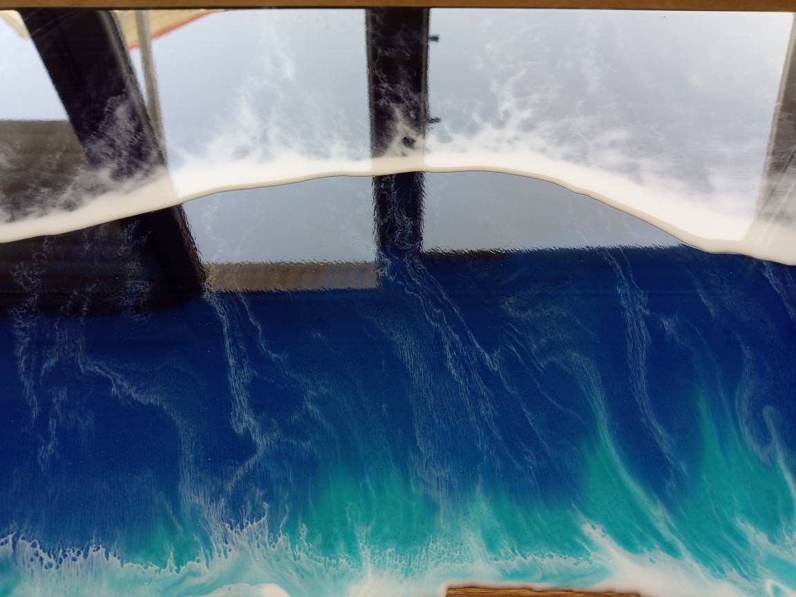 Wooden Natural Ocean Wave Resin Side Table,Blue Beach Themed Living Room Bedroom Entryway Nautical Cool Epoxy End Sofa Sea Art Coffee Table