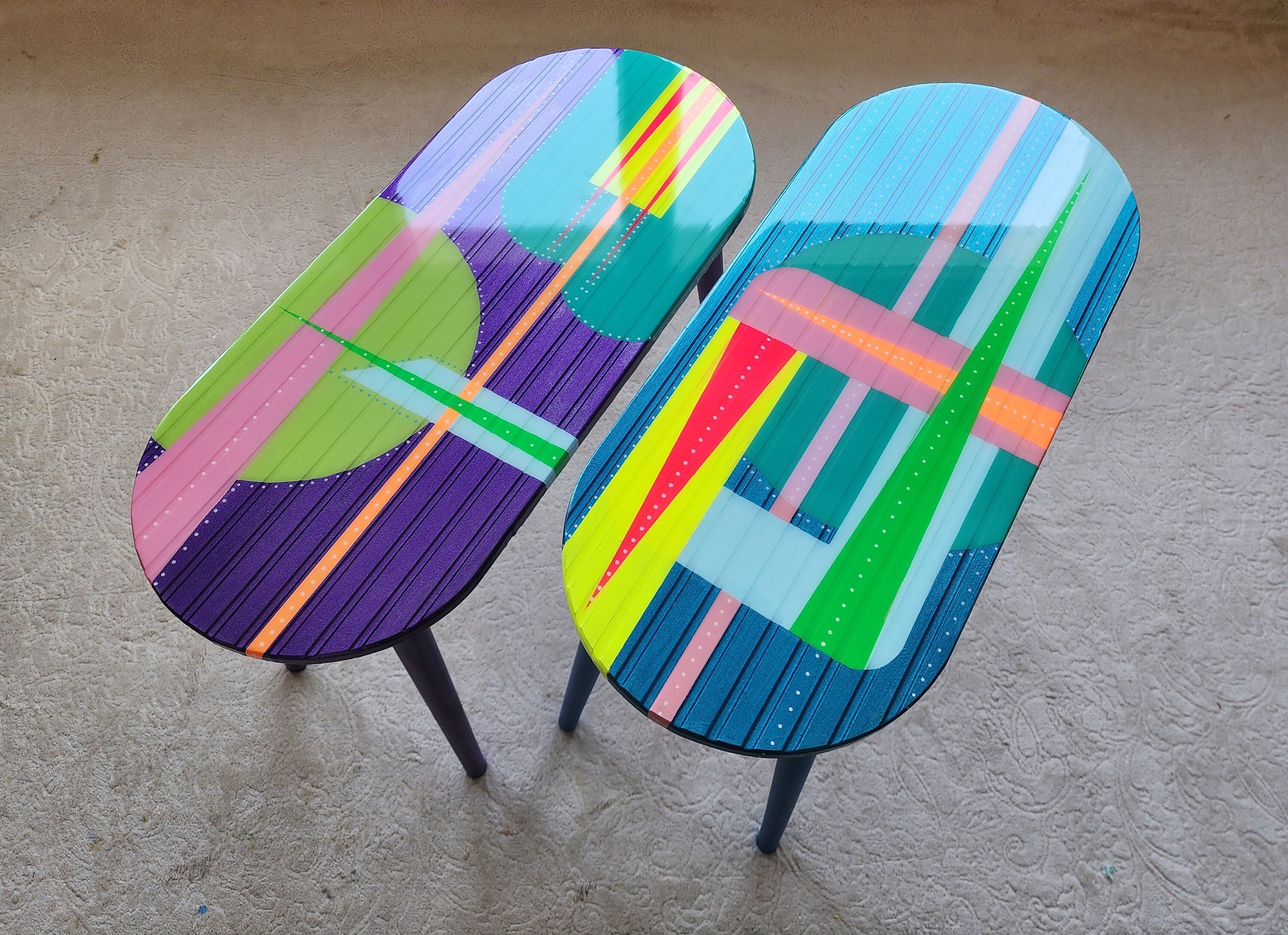 Oval Colorful Abstract Funky Resin Art Side Coffee Tables,Geometric Modern Gift For Mom Her Him Couple,Retro Vintage Pop Art Epoxy End Table