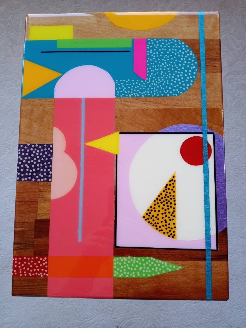 Colorful Hand Painted Funky Resin Side End Tables, Unique Pink Blue Abstract Bedside Living Room Entryway Boho 80s Epoxy Art Coffee Table