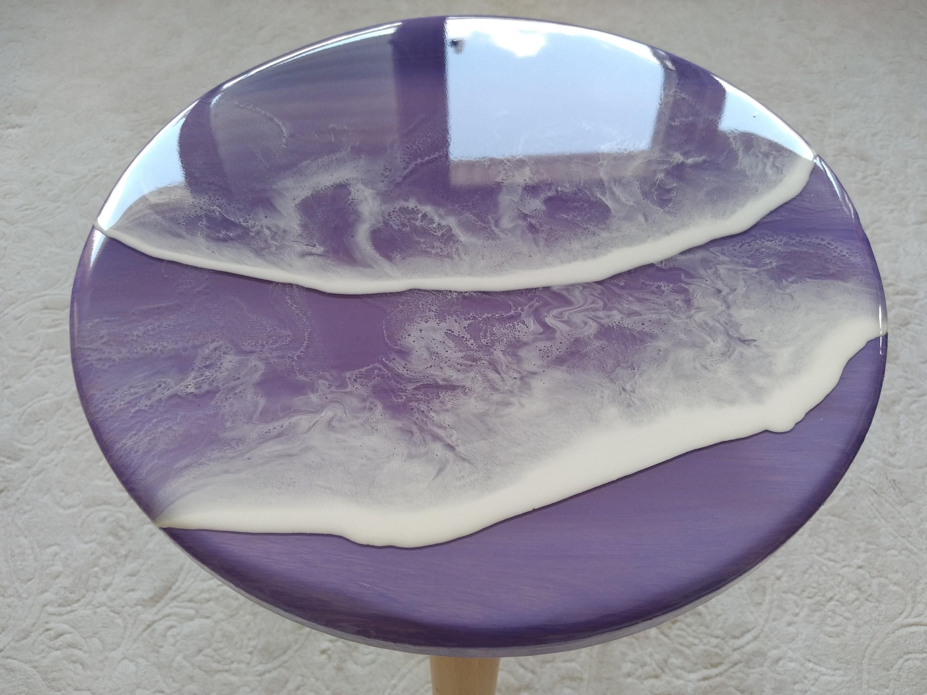 Unique Ocean Wave Resin Sofa Coffee Table, Purple Modern Natural Wood Side Art End Beach Art Design, Living Room, Bedside Bedroom Cool Table