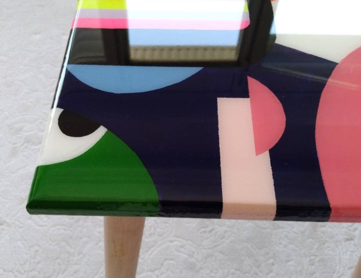 Colorful Funky Epoxy Resin Side End Coffee Table, Unusual Square Mid Century Modern Retro Vintage Cool Bedside Entryway Pink Art Sofa Table
