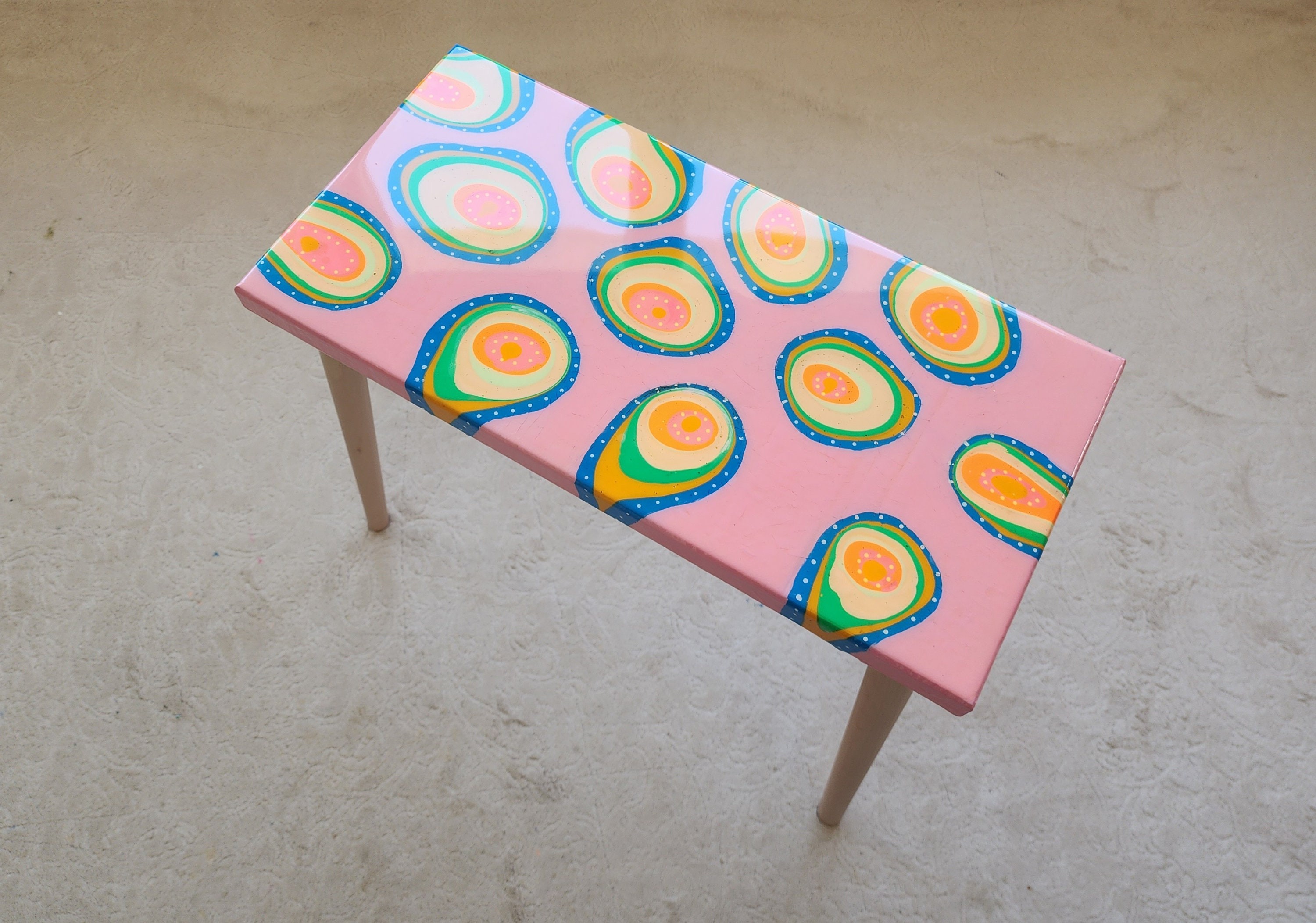 Unusual Pink Funky Colorful Side Narrow Resin Coffee Table, Maximalist Eclectic Abstract Cool Neon Painted Leg Epoxy Cute Boho Pop Art Table