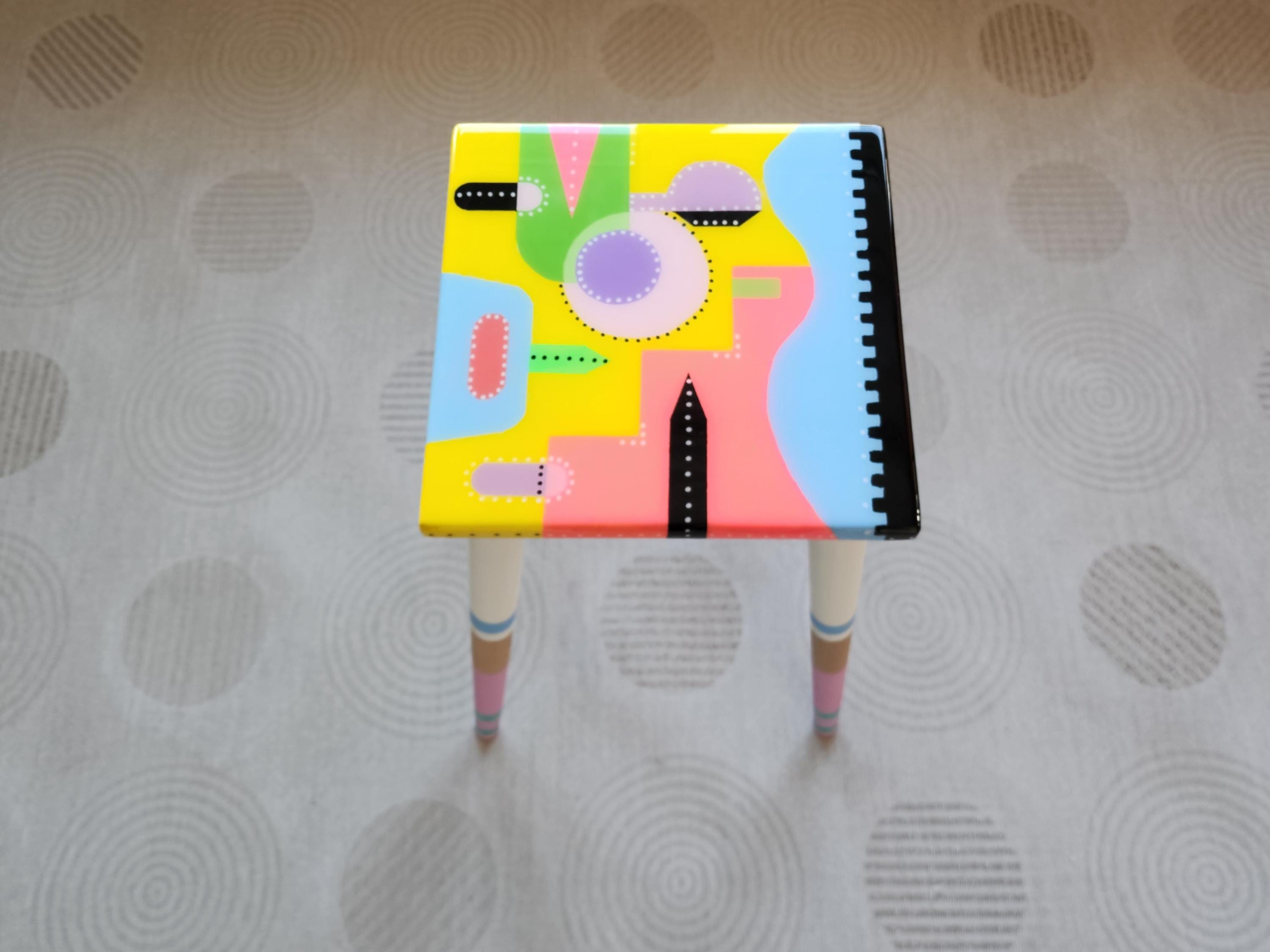 Unusual Yellow Funky Colorful Side End Resin Coffee Table,Geometric Modern Eclectic Abstract Cool Neon Painted Leg Epoxy  Boho Pop Art Table