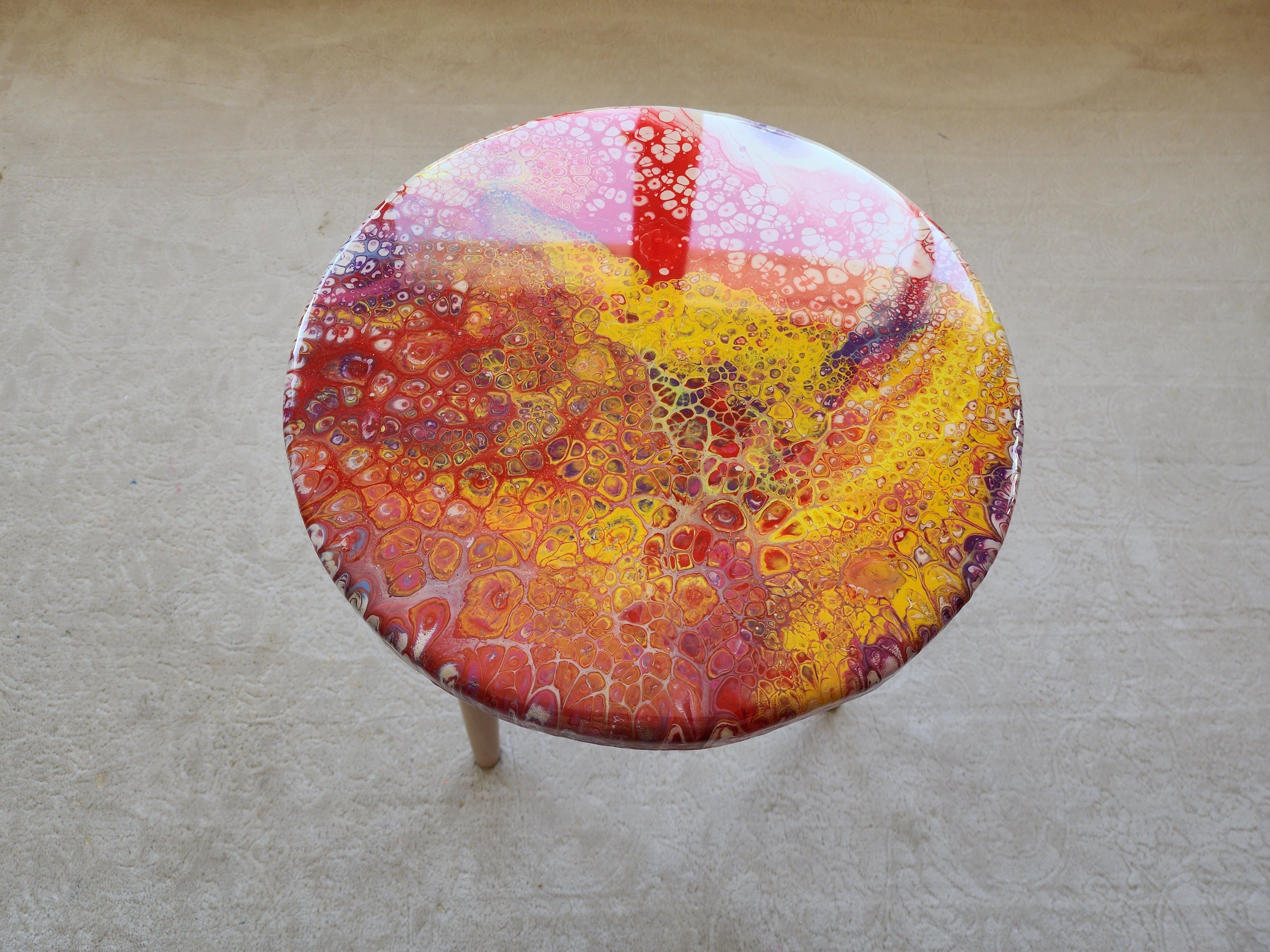 Round Colorful Abstract Epoxy Resin Side Coffee Tables, Cool Red Blue Wooden Postmodern Funky Nightstand Modern Handcrafted  End Art Table