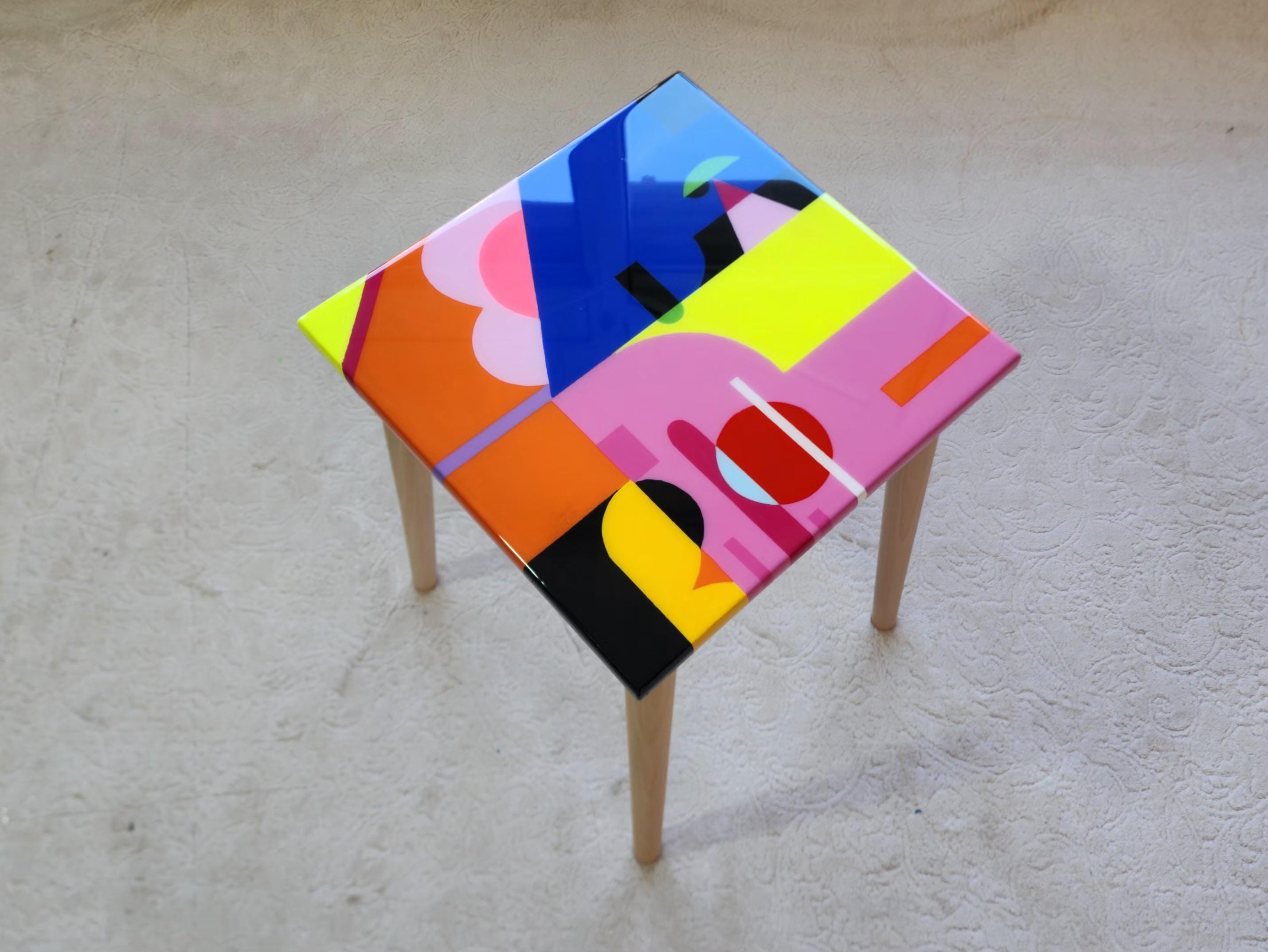 Colorful Small Funky Hand Painted Epoxy Resin Side Coffee Tables