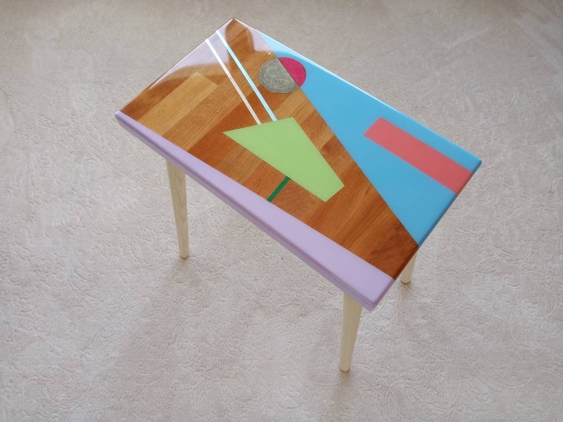 Small Bedside Narrow Resin Side Coffee Table, Unique Wood Wooden Blue Epoxy End Sofa Living Room Colorful Cool Abstract Funky Art Furniture