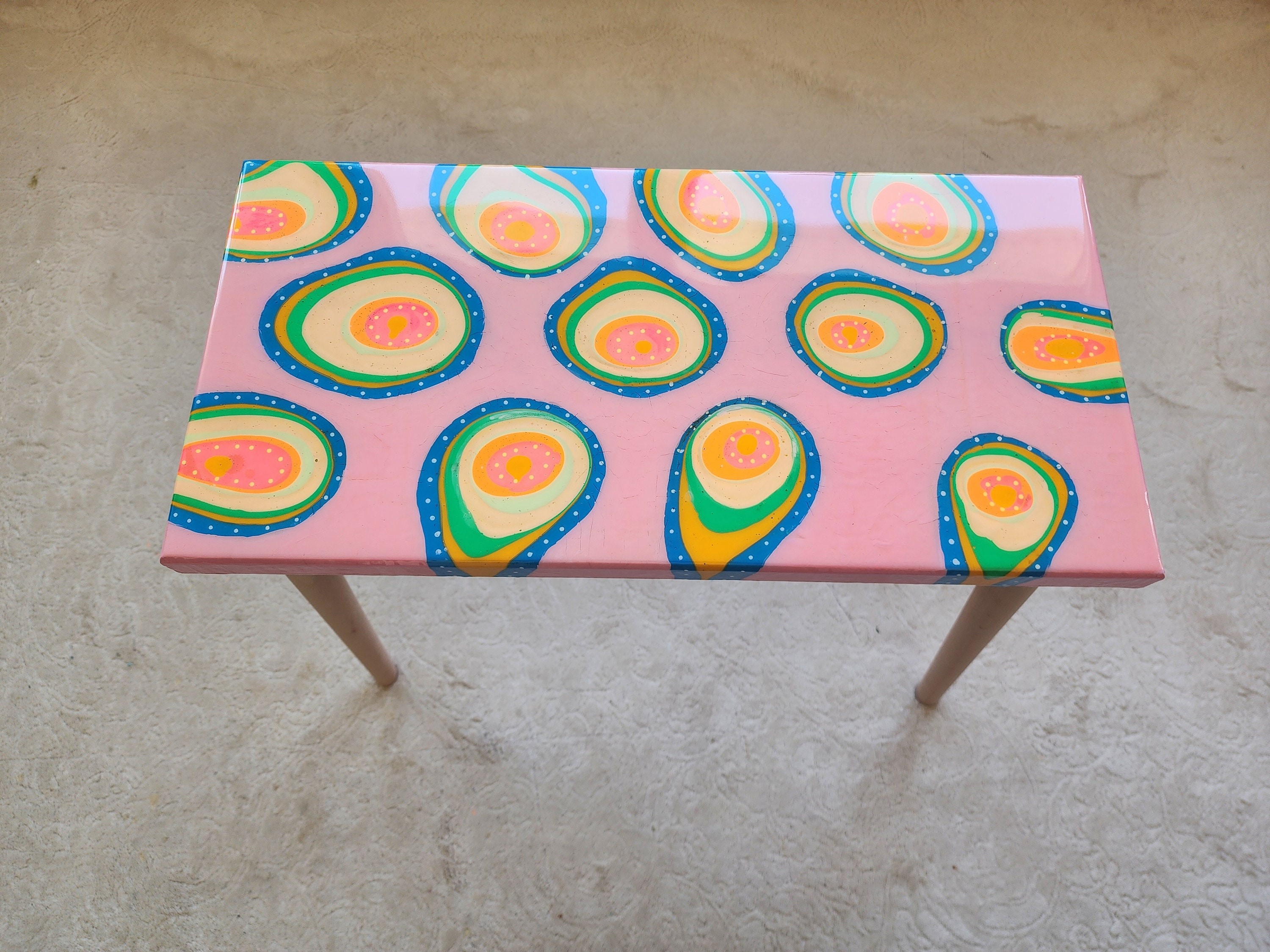 Unusual Pink Funky Colorful Side Narrow Resin Coffee Table, Maximalist Eclectic Abstract Cool Neon Painted Leg Epoxy Cute Boho Pop Art Table