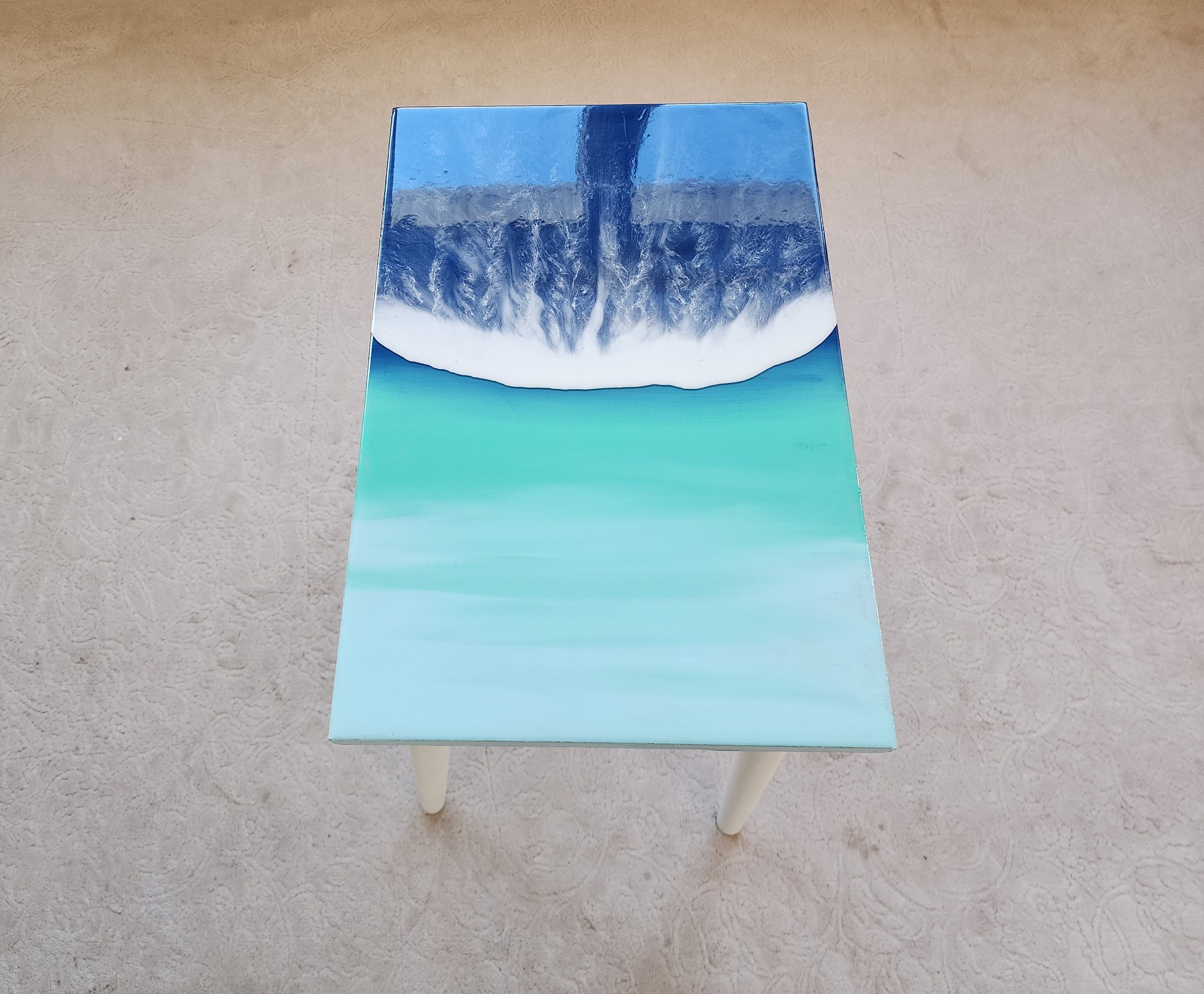 Small Natural Epoxy Resin Coastal Beach Side Coffee Table, Unique Cool Nautical Bedside Bedroom Entryway Sea House Decor Blue End  Table
