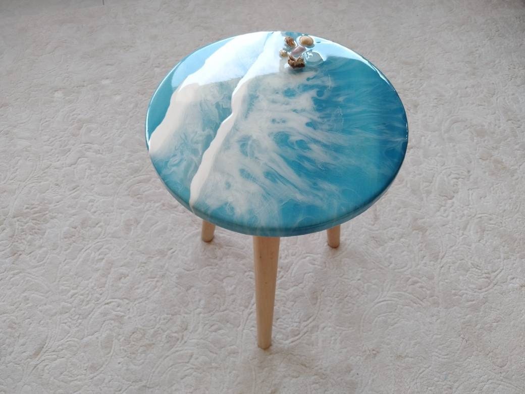 Unique Blue Ocean Wave Resin Side Coffee Table,  Modern Natural Wooden Sofa End Beach House Decor,Living Room, Bedside Cool Sea Art Table