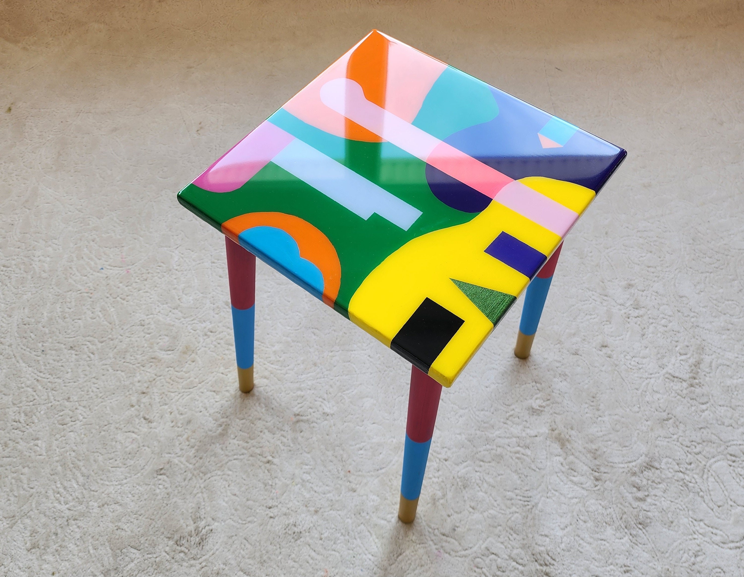 Square Colorful Funky Abstract Boho Resin Table,Pink Green Groovy Vibrant Wood Rainbow Retro Hippi End Side Cool Luxury Center Coffee Table