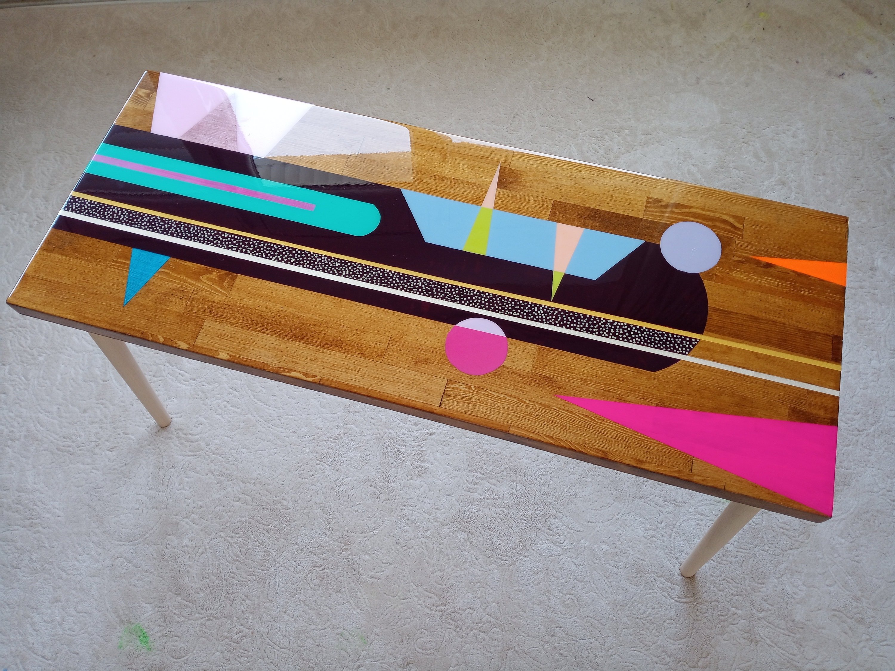 Colorful Mid Century Modern Resin Side Coffee Table, Abstract Vintage Retro Eclectic Living Room Pop Art Custom Made Unique Boho Cute Table