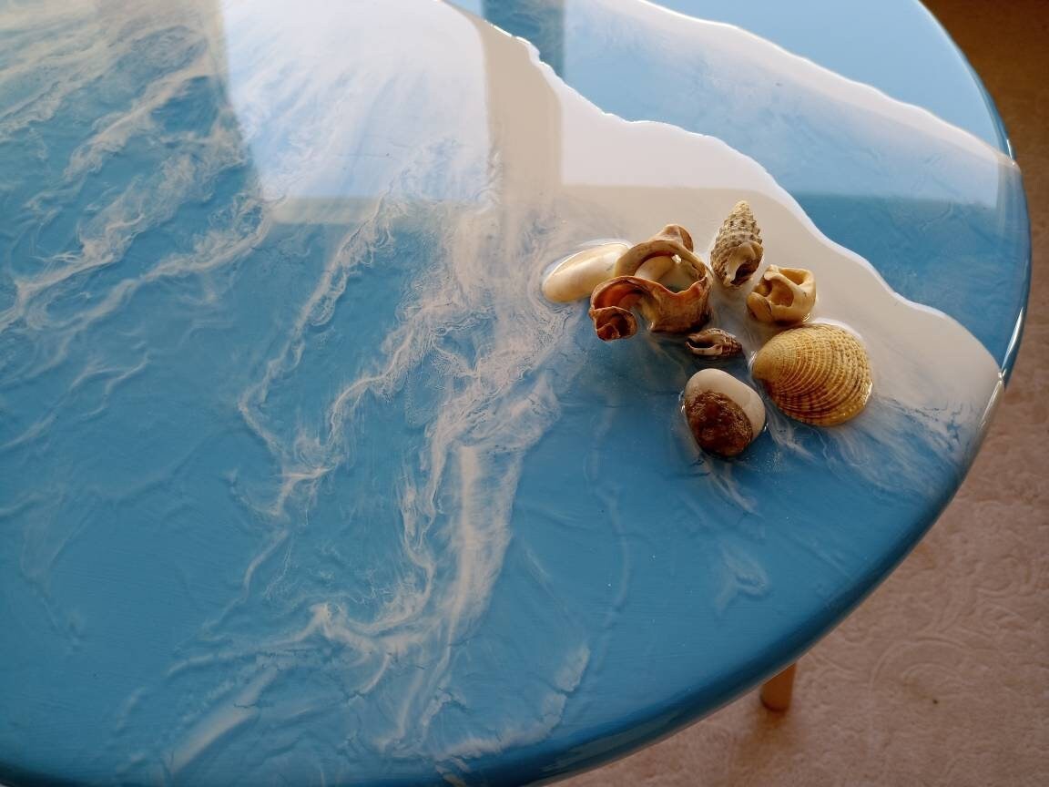 Round Ocean Wave Resin Side Coffee Tables, Unique Wooden Bedside Living Sofa End Natural Center Beach Themed Sea Art Seashells Coffee Table