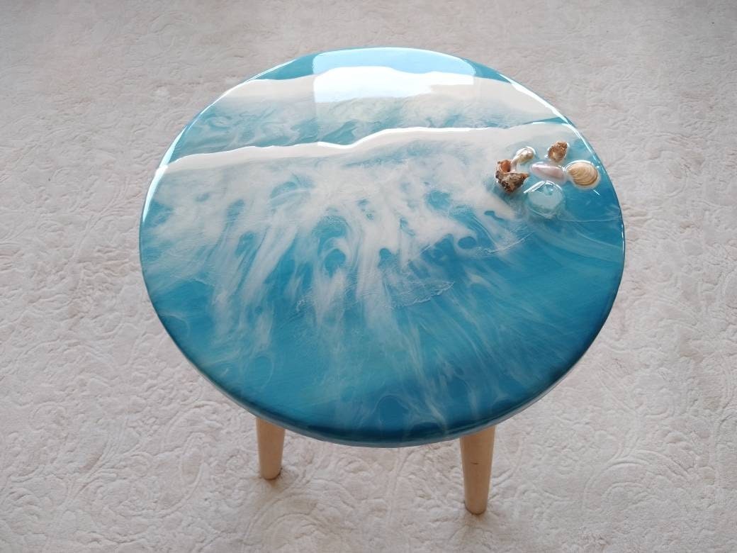 Unique Blue Ocean Wave Resin Side Coffee Table,  Modern Natural Wooden Sofa End Beach House Decor,Living Room, Bedside Cool Sea Art Table